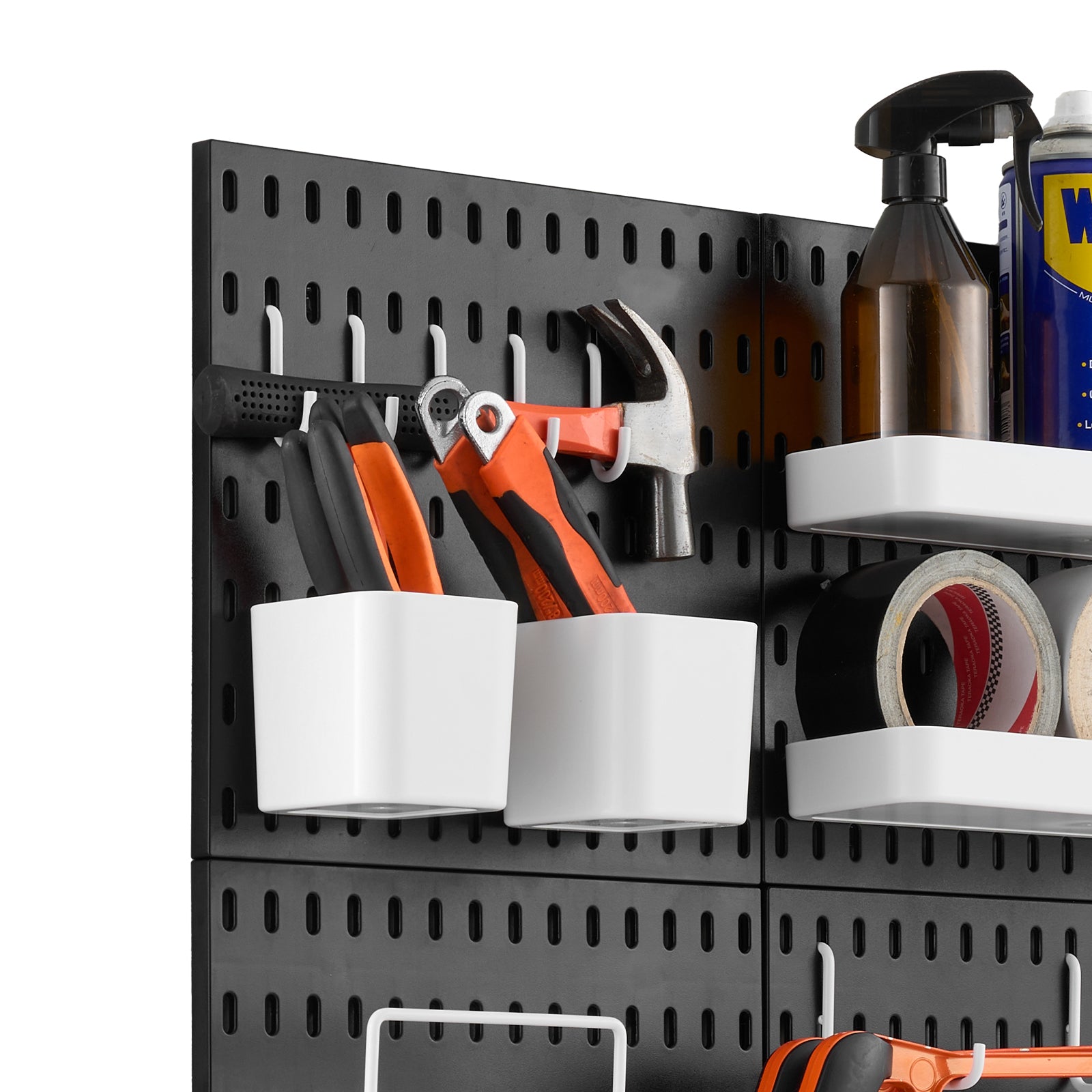 Modular Plastic Pegboard Wall Organizer Kit, 4-Panel 11"x11" ABS Panels, 20 lb per Panel, Black
