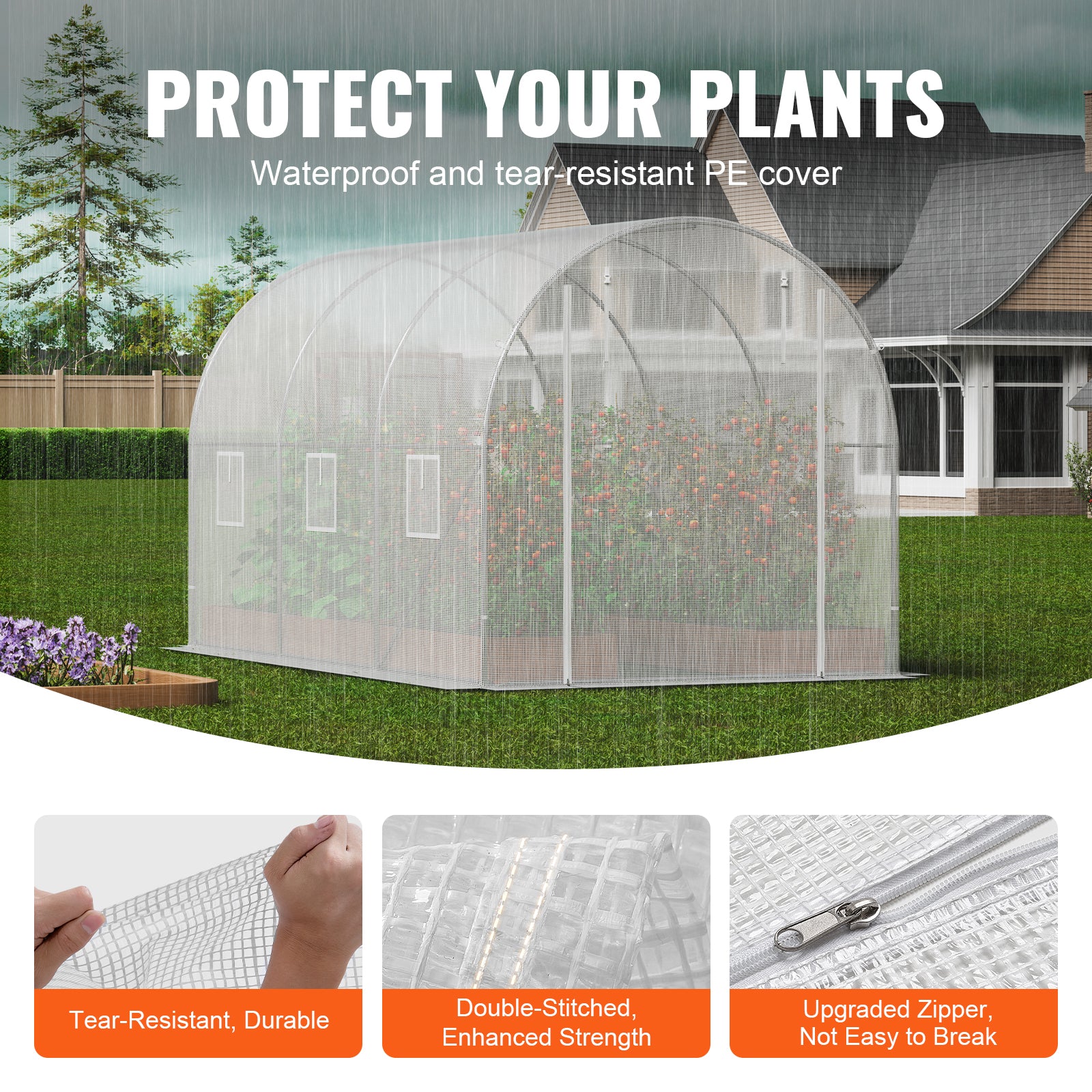 9.58ft x 6.43ft x 6.23ft Walk‑In Tunnel Greenhouse — Heavy‑Duty Galvanized Frame Thick PE Cover & Ventilation Windows White