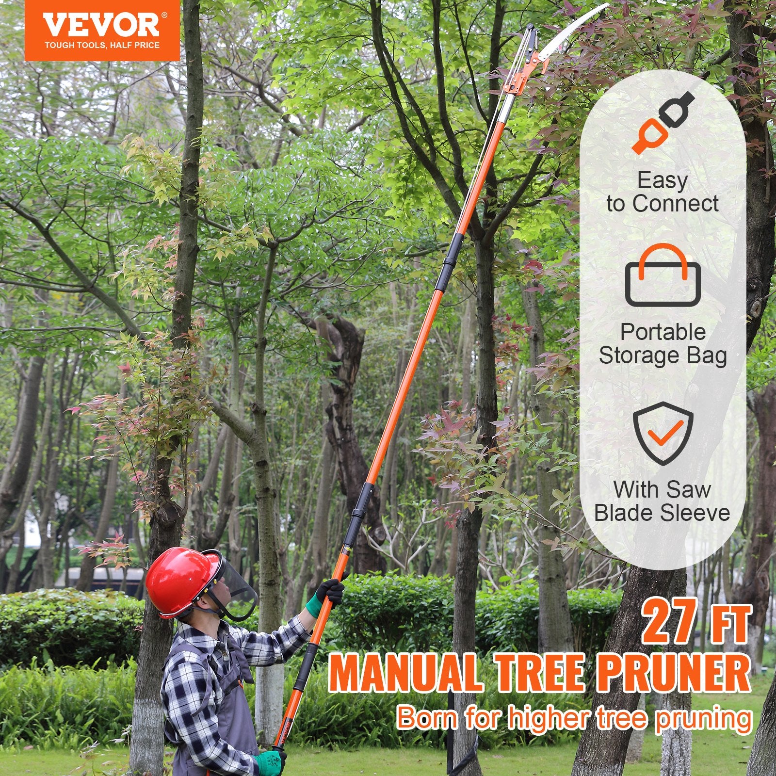7.3–27 ft Manual Pole Saw & Tree Pruner – 2-in-1 Saw + Scissors with Pulley System, Lightweight Fiberglass Poles