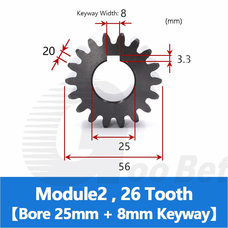 Spur Gear C45 Steel Black Oxided Module 2 Pinion 12-30 Tooth Keyway 10-32mm Flat