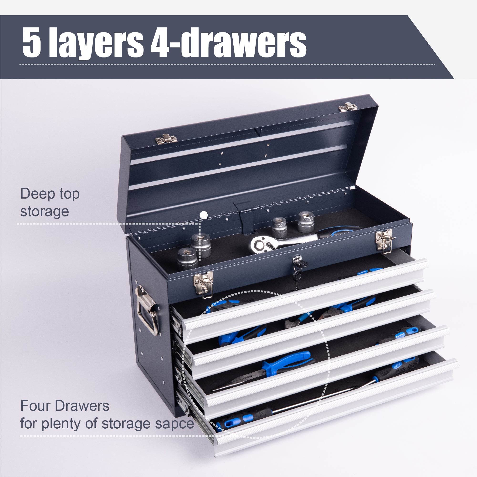 21" Professional Antique Grey Steel Tool Box | 4 Ball-Bearing Drawers