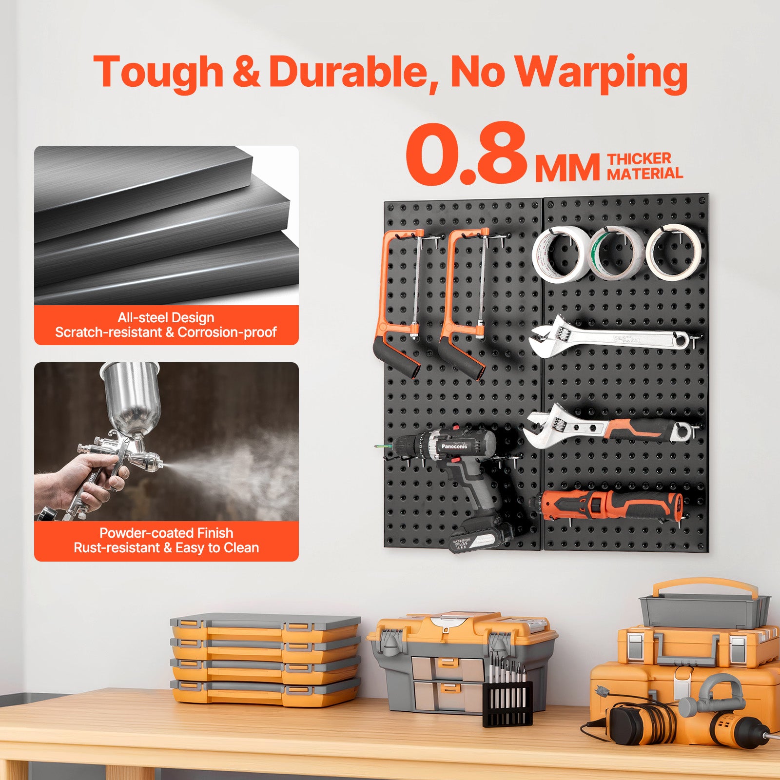 Metal Pegboard Panels 2-Pack, 24"x12" Steel Wall Organizer for Garage Tool Storage, 88 lb Capacity, Black