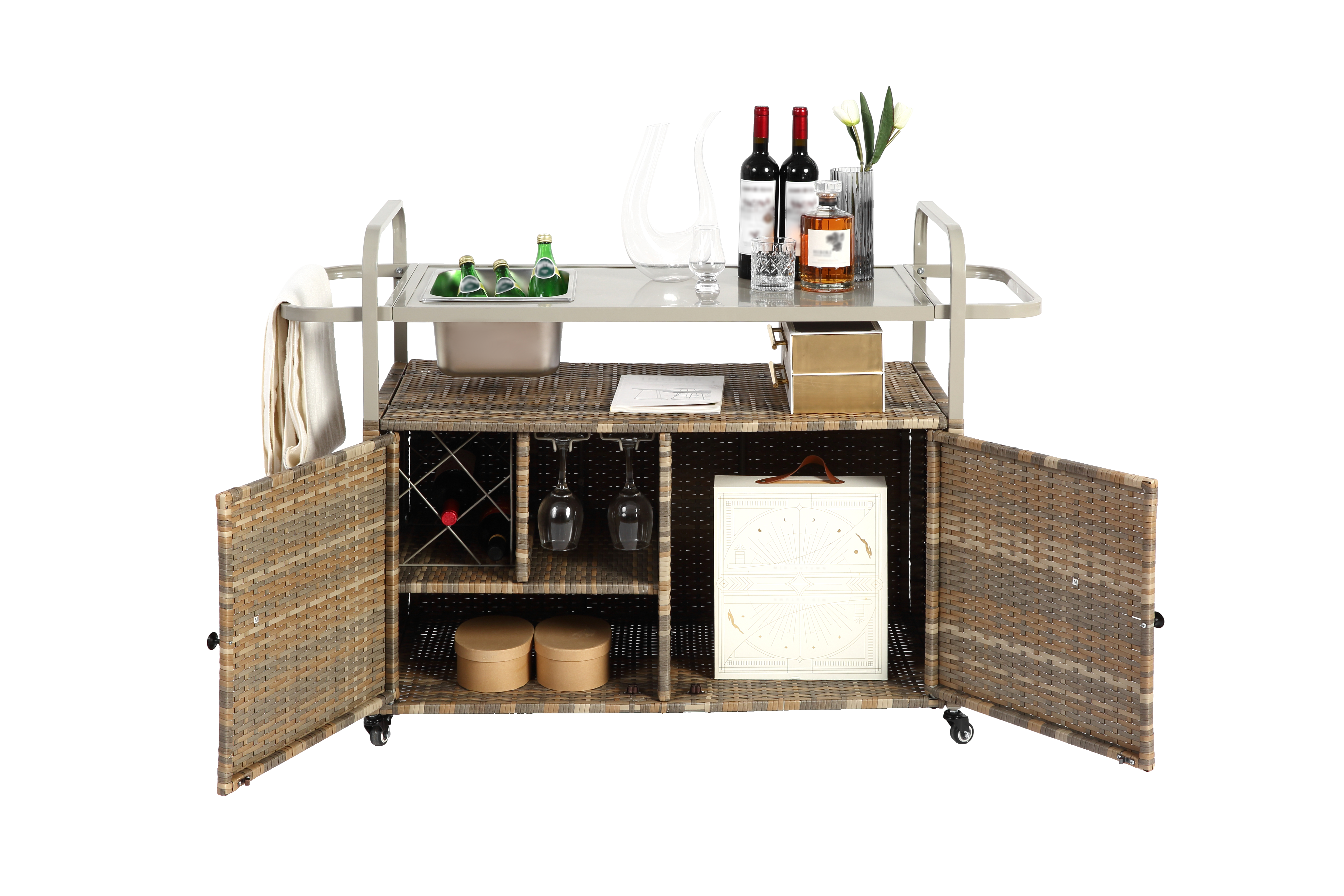 Outdoor Bar Table, Wicker Bar Cart with Cabinet, Patio Serving Cart with steel Top, with one ice bucket,Lockable Wheels, Side Basket for Garden, Poolside & Backyard, Beige