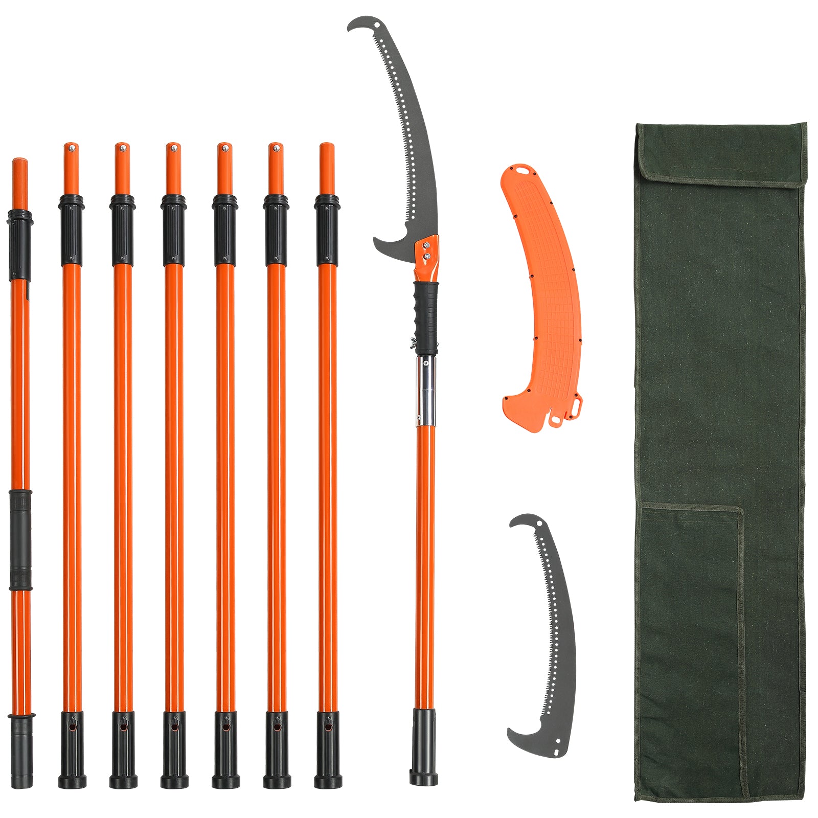 Manual Pole Saw – 7.3–27 ft Extendable Tree Pruner | Lightweight 11 lbs, Double-Lock Fiberglass Poles & Teflon Steel Blade