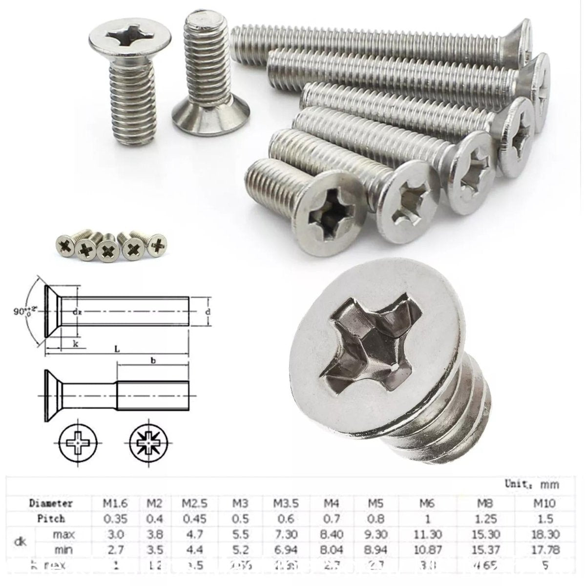 304 Stainless Steel Flat Head Phillips Machine Screw M3 M4 Length 4mm - 180mm - HomeDIYer