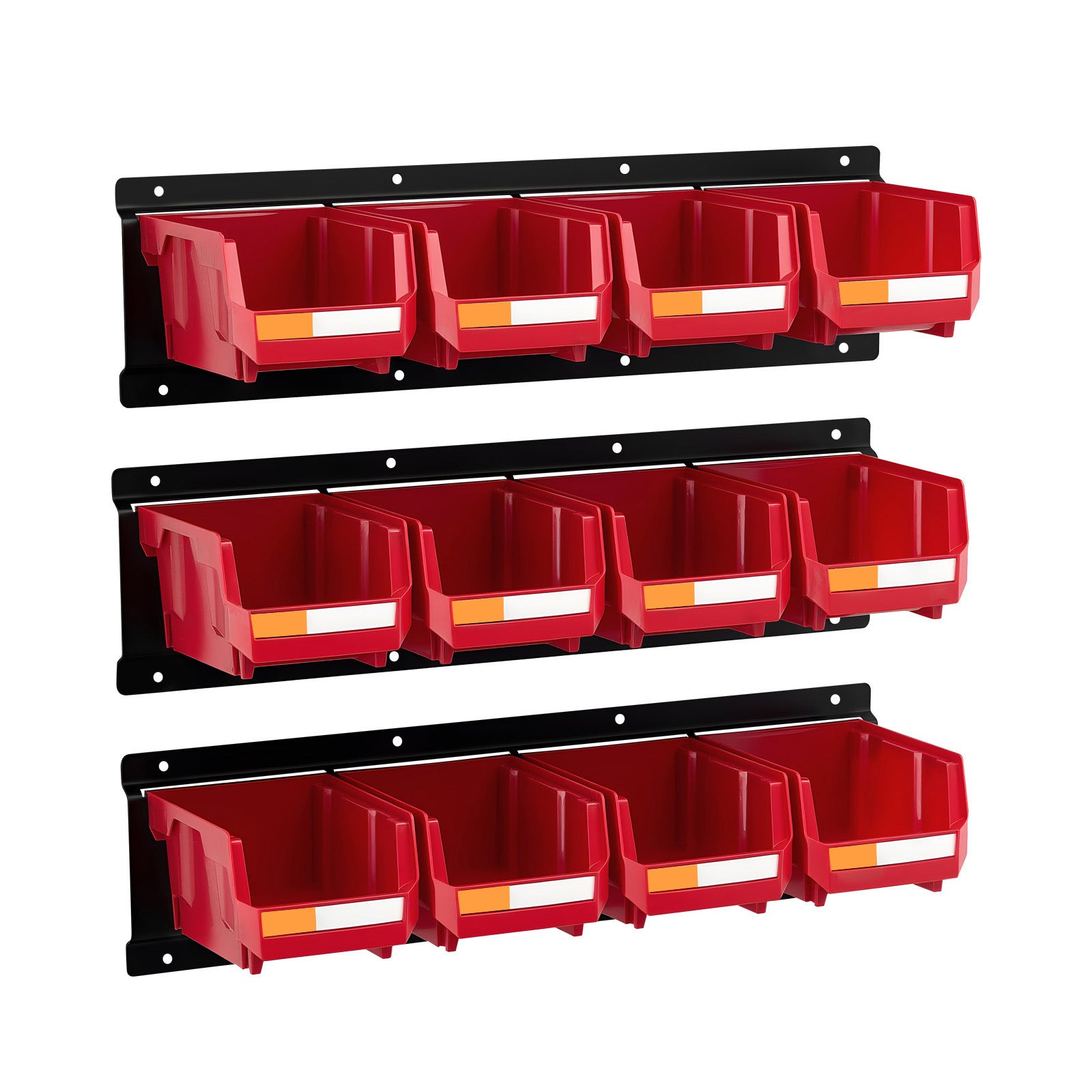 Wall Mounted Storage Bins – 12 Plastic Bins & 3 Metal Rails for Screws, Nuts, Bolts – Hardware Tool Organizer for Workshop, Craft Room, Garage (Red)