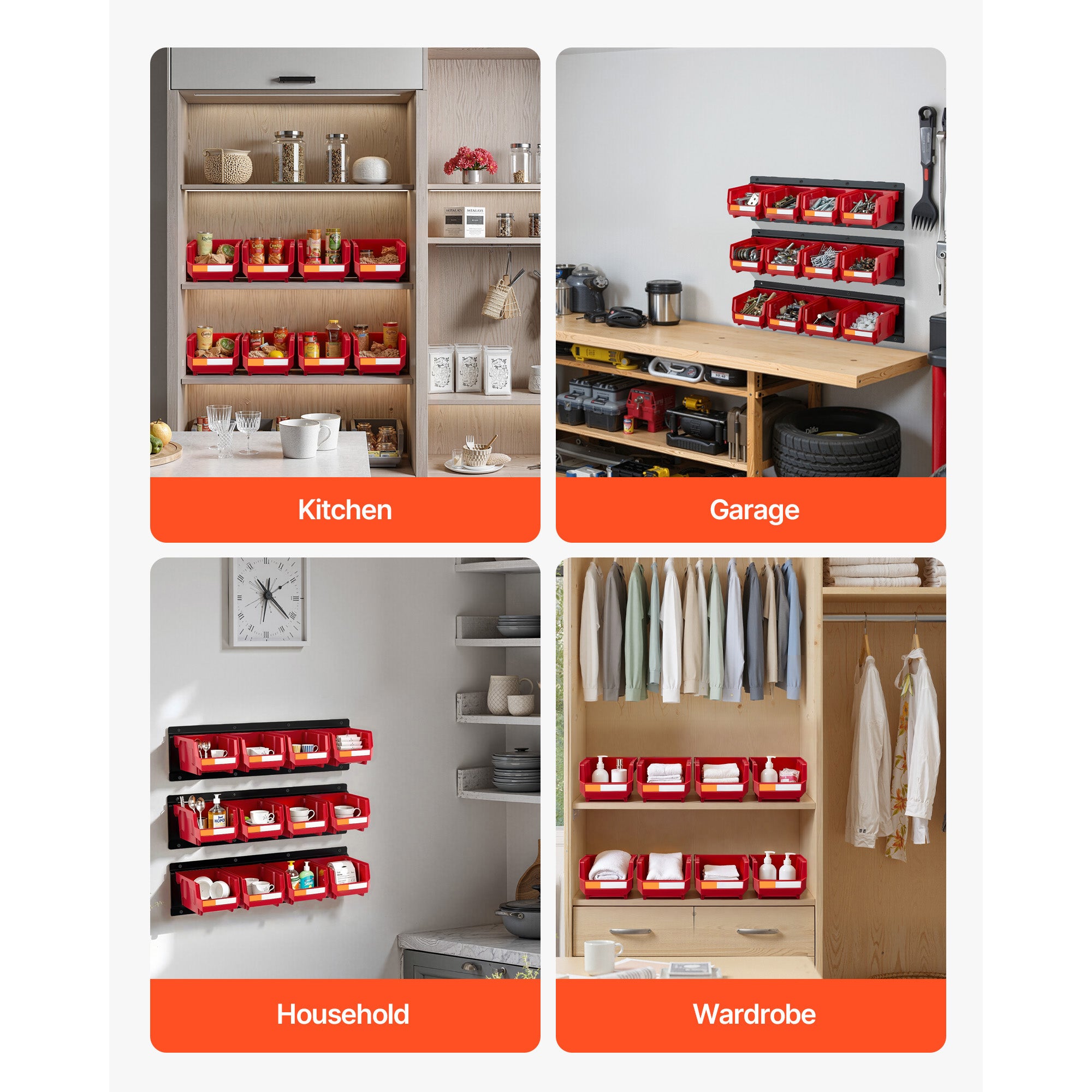 Wall Mounted Storage Bins – 12 Plastic Bins & 3 Metal Rails for Screws, Nuts, Bolts – Hardware Tool Organizer for Workshop, Craft Room, Garage (Red)