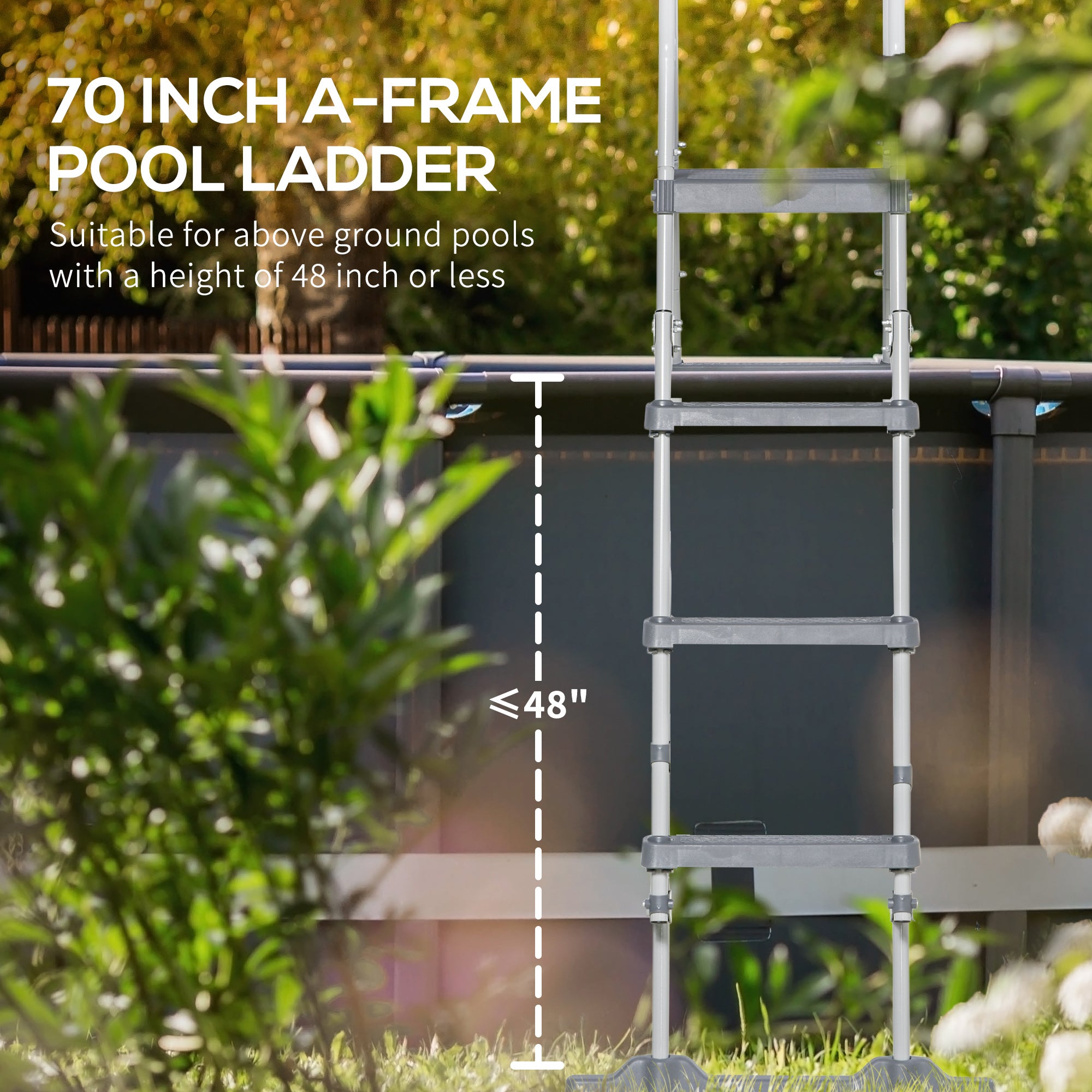 Outsunny 70" A‑Frame Above Ground Pool Ladder — Non‑Slip Steps, Child Lock, 330 lb Capacity, Gray