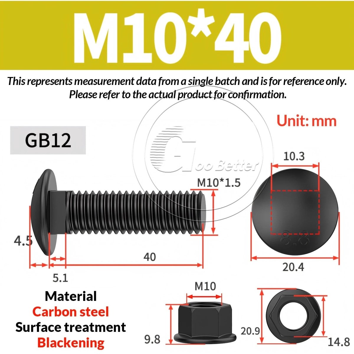 Black Carriage Bolts Grade 8.8 | M6–M24 Cup Square Domed Head Screws - HomeDIYer