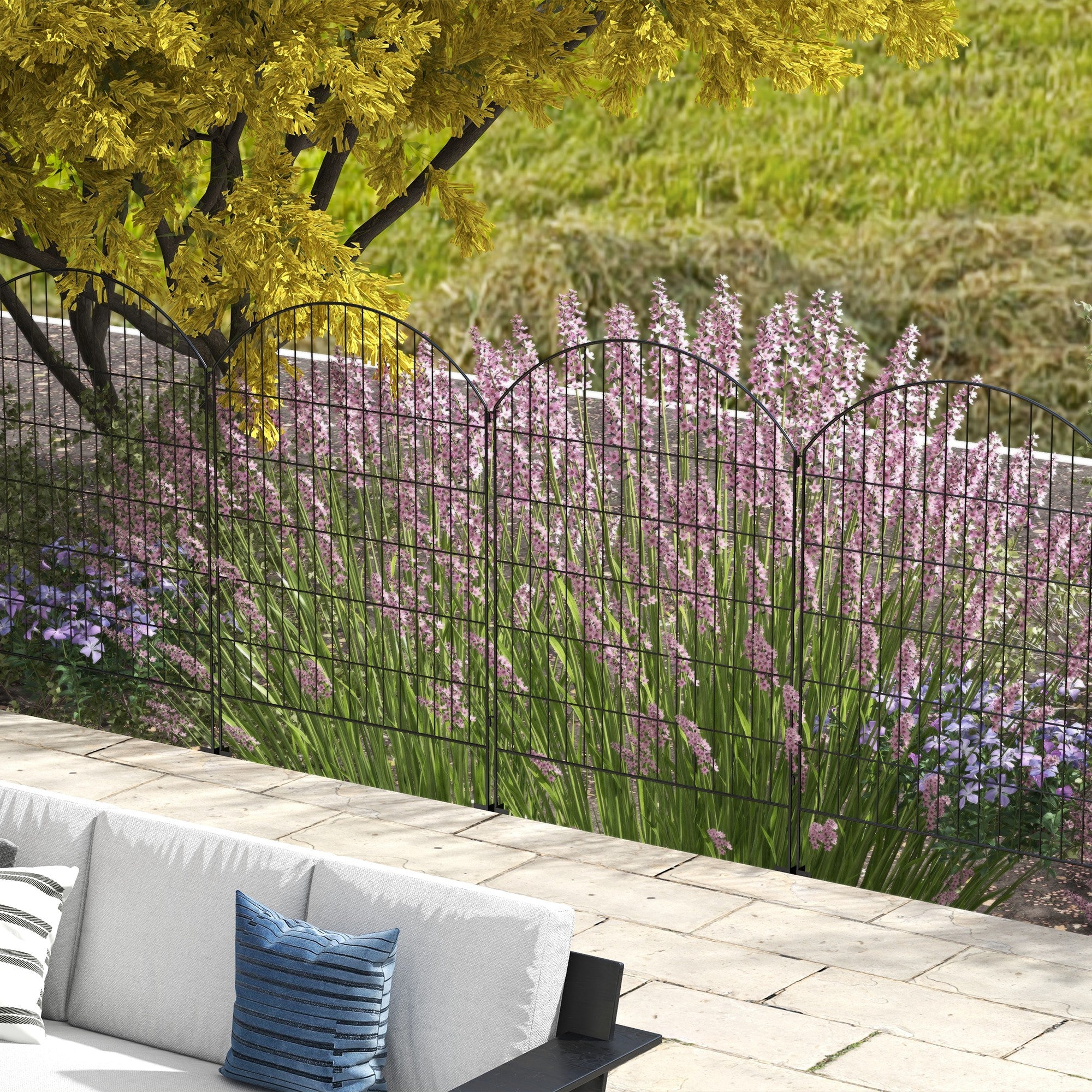 Outsunny Garden Fence, 4 Pack Steel Fence Panels, 11.4' L x 43" H, Rust-Resistant Animal Barrier Decorative Border Flower Edging for Yard, Landscape, Patio, Outdoor Decor, Grids
