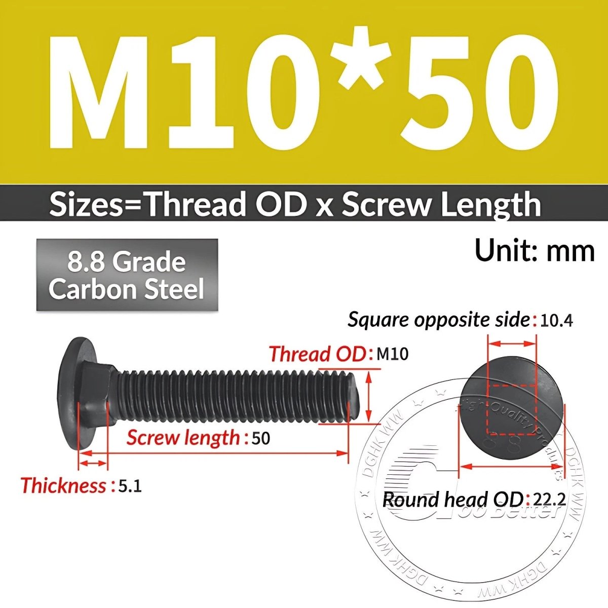 Black 8.8 Grade Steel Carriage Bolts | Cup Square Dome Head | M6–M24 - HomeDIYer