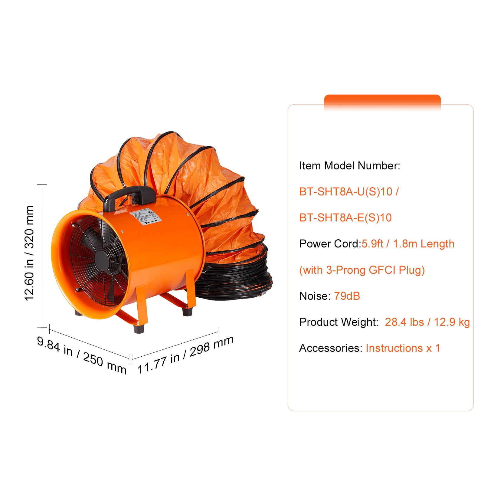 Portable Ventilator, 8 inch Heavy Duty Cylinder Fan with 33ft Duct Hose, 195W Strong Shop Exhaust Blower 1070CFM, Industrial Utility Blower for Sucking Dust, Smoke, Smoke Home/Workplace