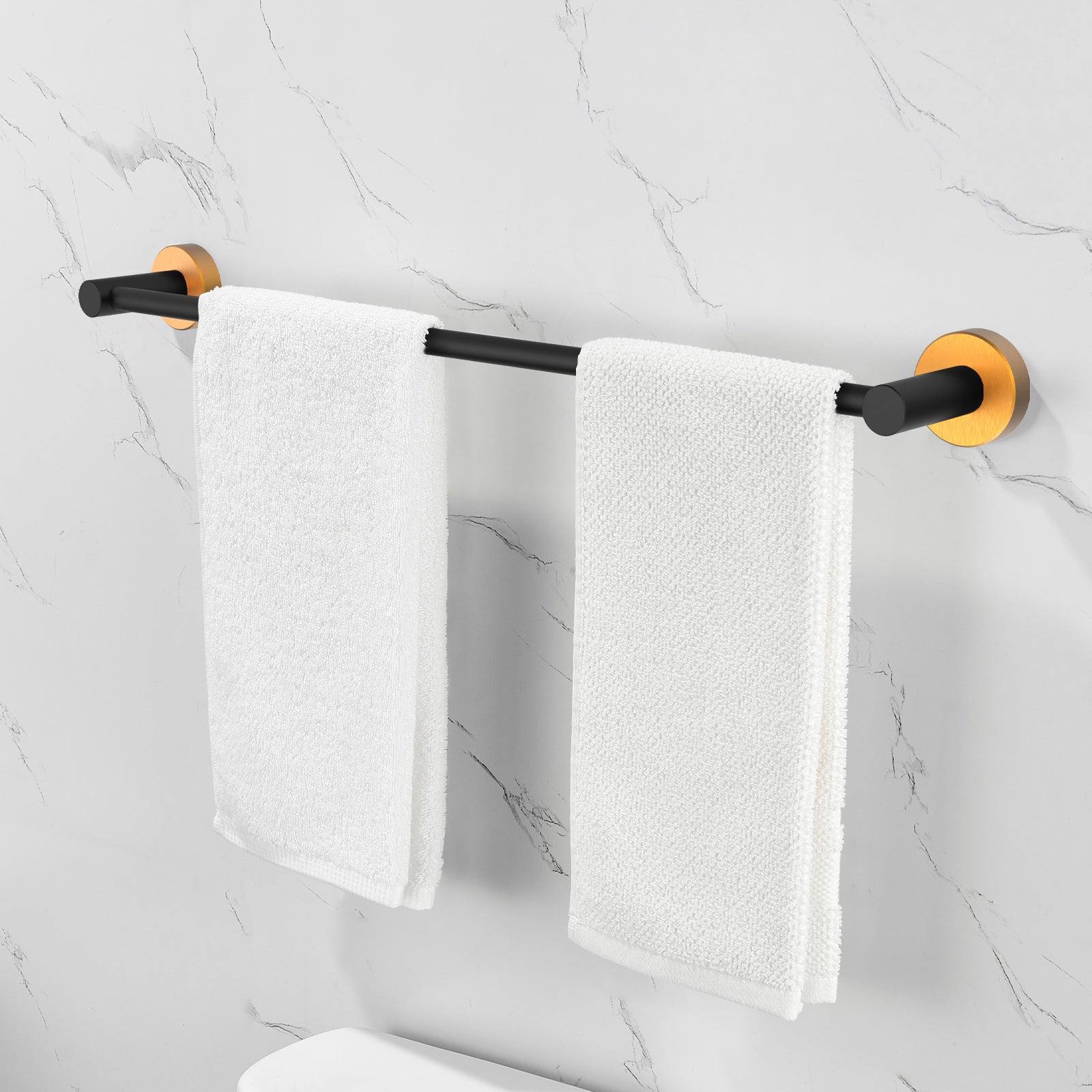 6-Piece Black Gold Bathroom Hardware Set – 23” & 16” Towel Bars, Hooks, Ring, TP Holder