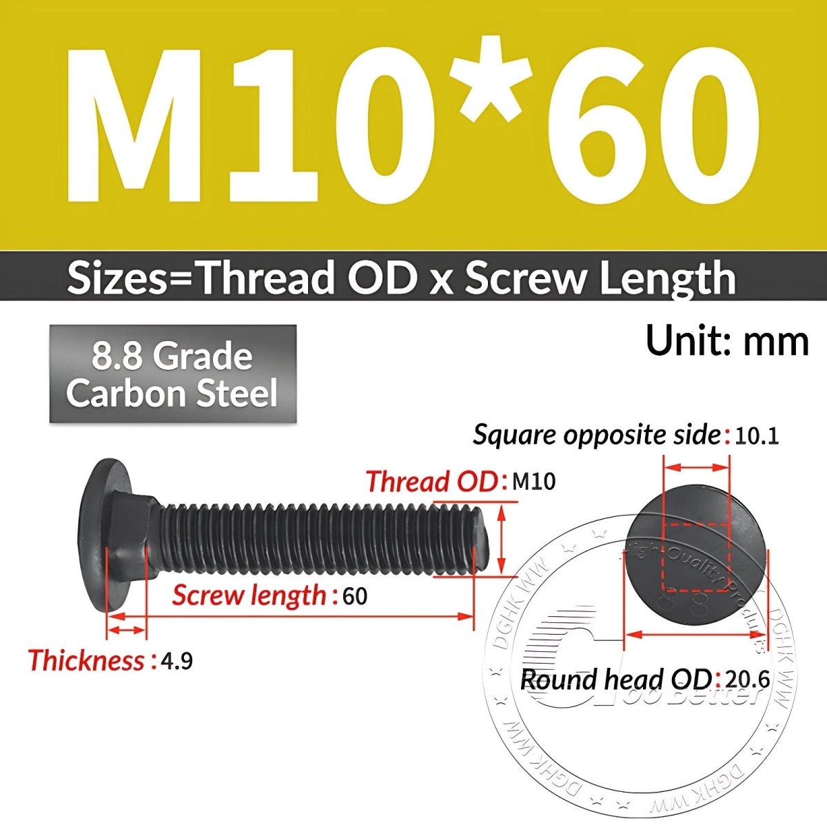 Black 8.8 Grade Steel Carriage Bolts | Cup Square Dome Head | M6–M24 - HomeDIYer
