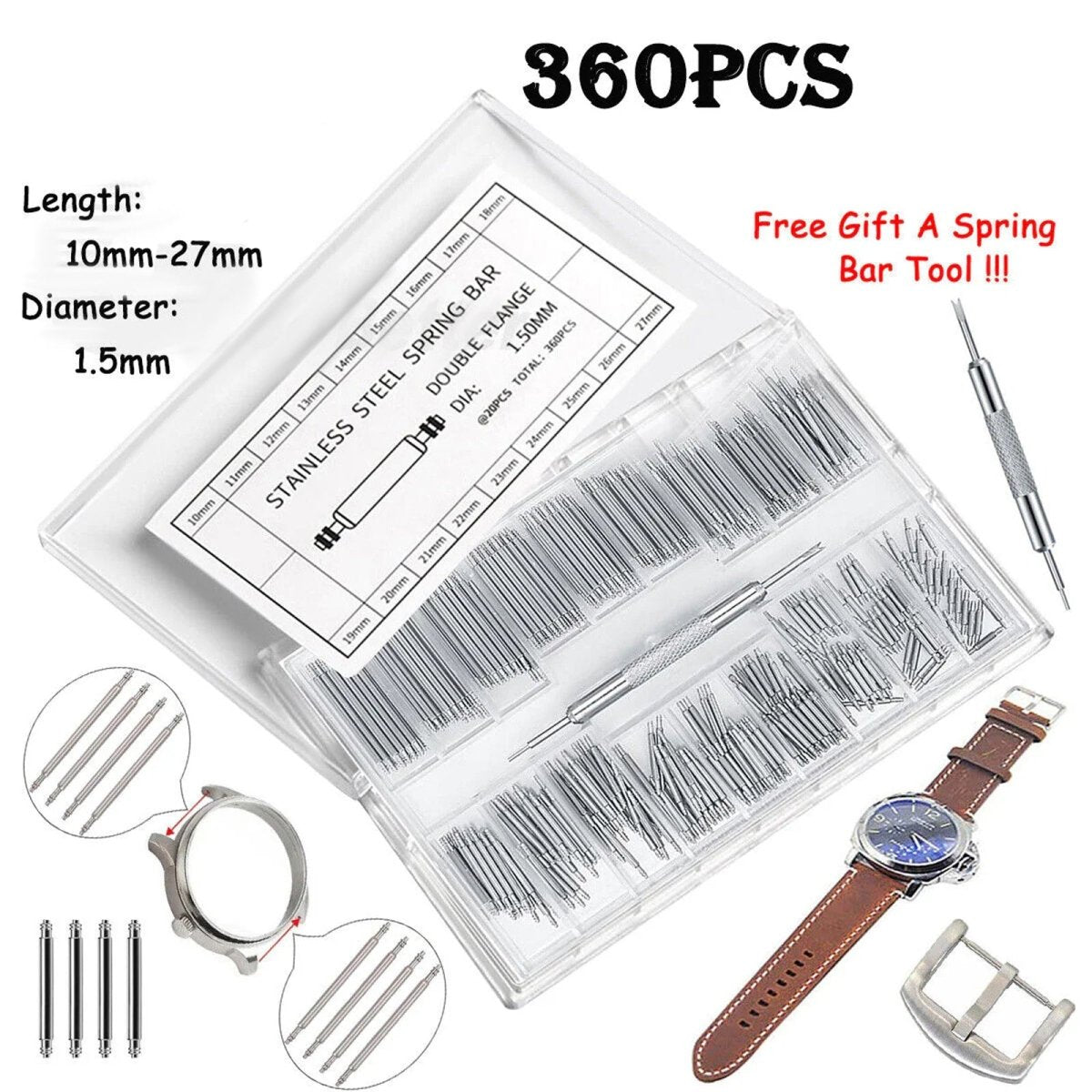 360x 10 - 27mm Watch Band Strap Spring Bars Stainless Steel Link Pins Repair Tool - HomeDIYer