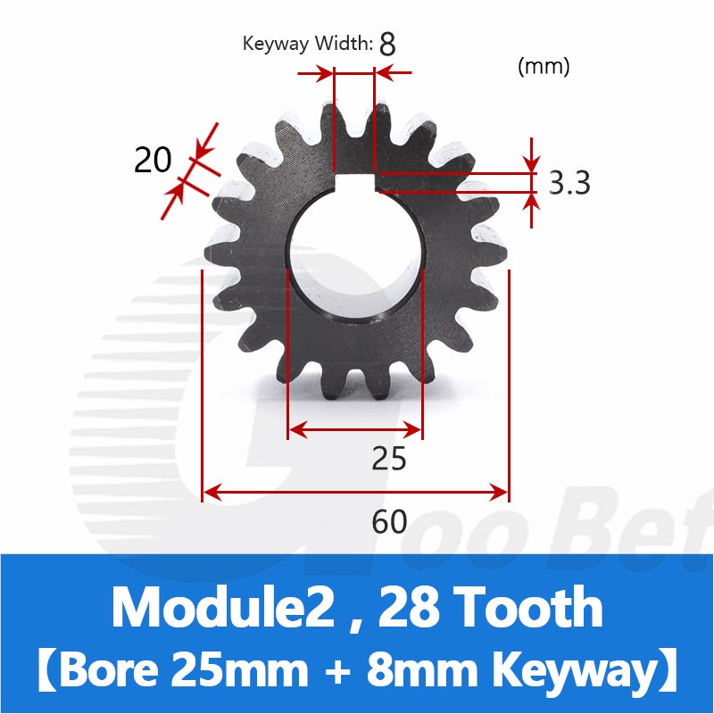 Spur Gear C45 Steel Black Oxided Module 2 Pinion 12-30 Tooth Keyway 10-32mm Flat