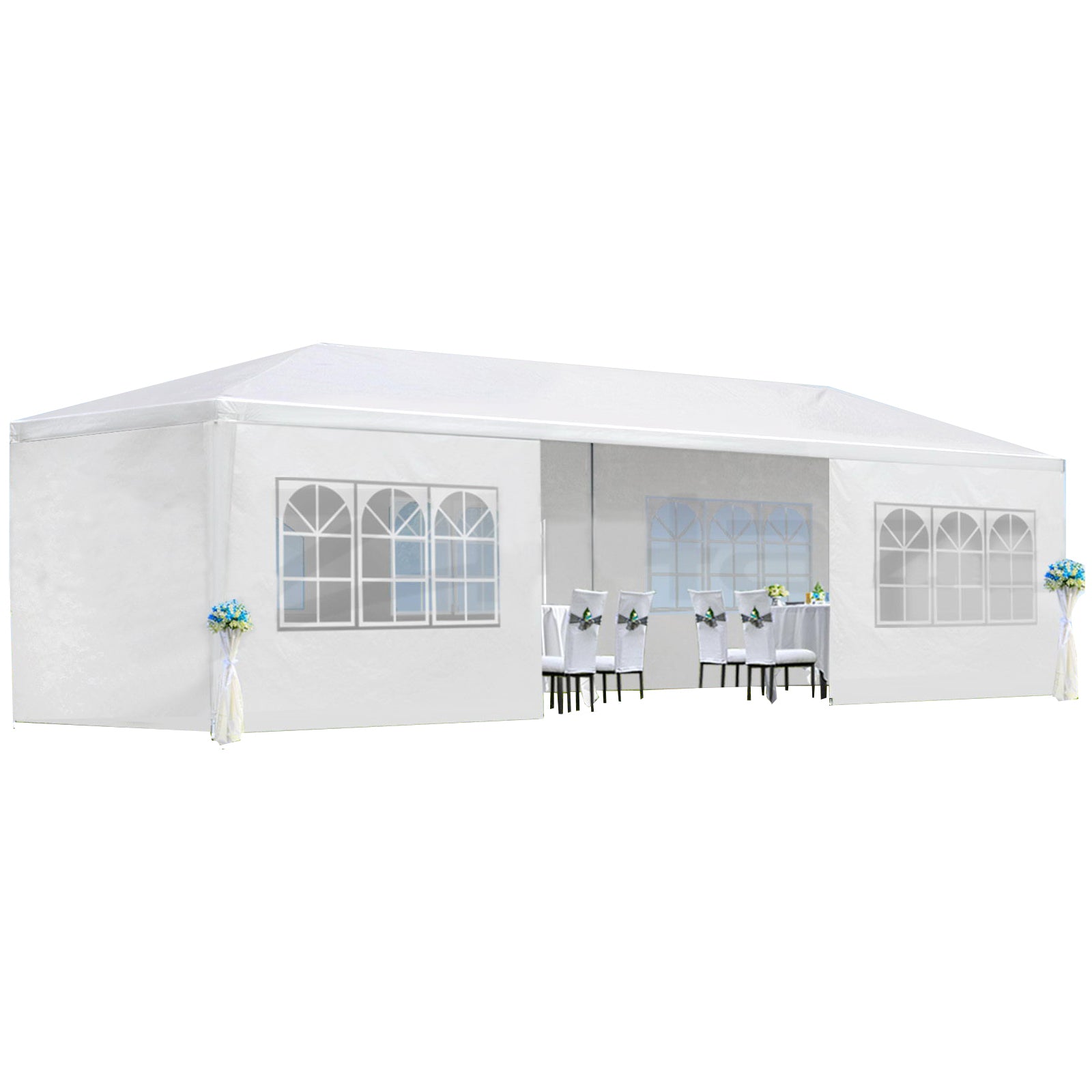 10x30 ft Party Canopy Tent with 8 Removable Sidewalls (6 Window + 2 Zipper), Waterproof PE – White