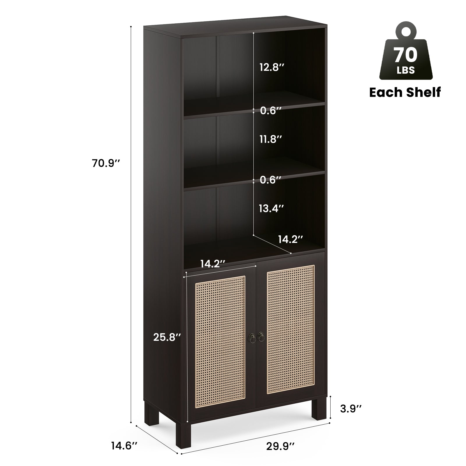Tall Bookcase with Rattan Doors,5 Tier Storage Wood Shelves Large Bookshelf for Library Living Room Bedroom Home Office,Walnut