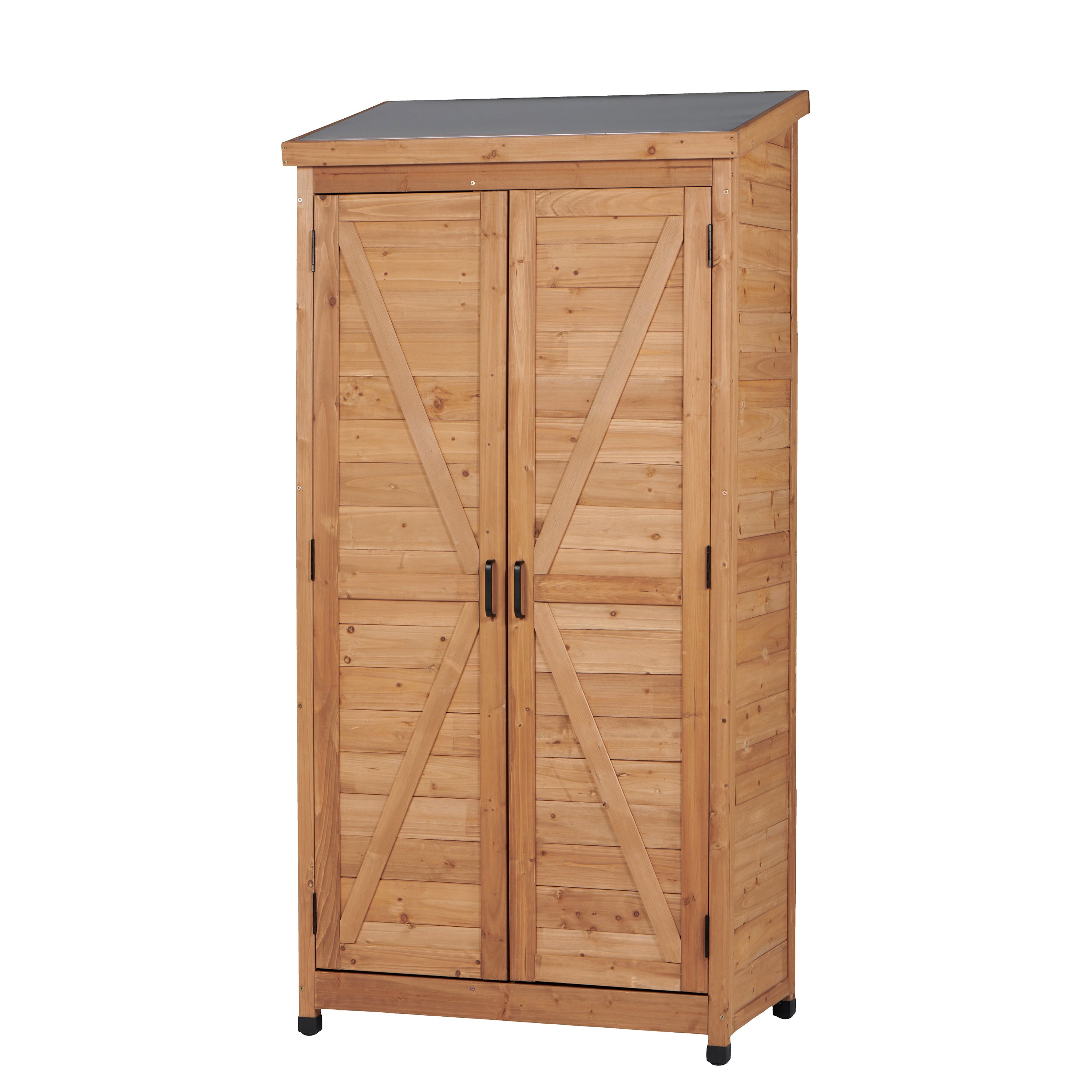 Tall Outdoor Wood Storage Cabinet with Metal Roof – 33.5"L x 18.5"W x 68"H, 280 lbs Capacity, Gold