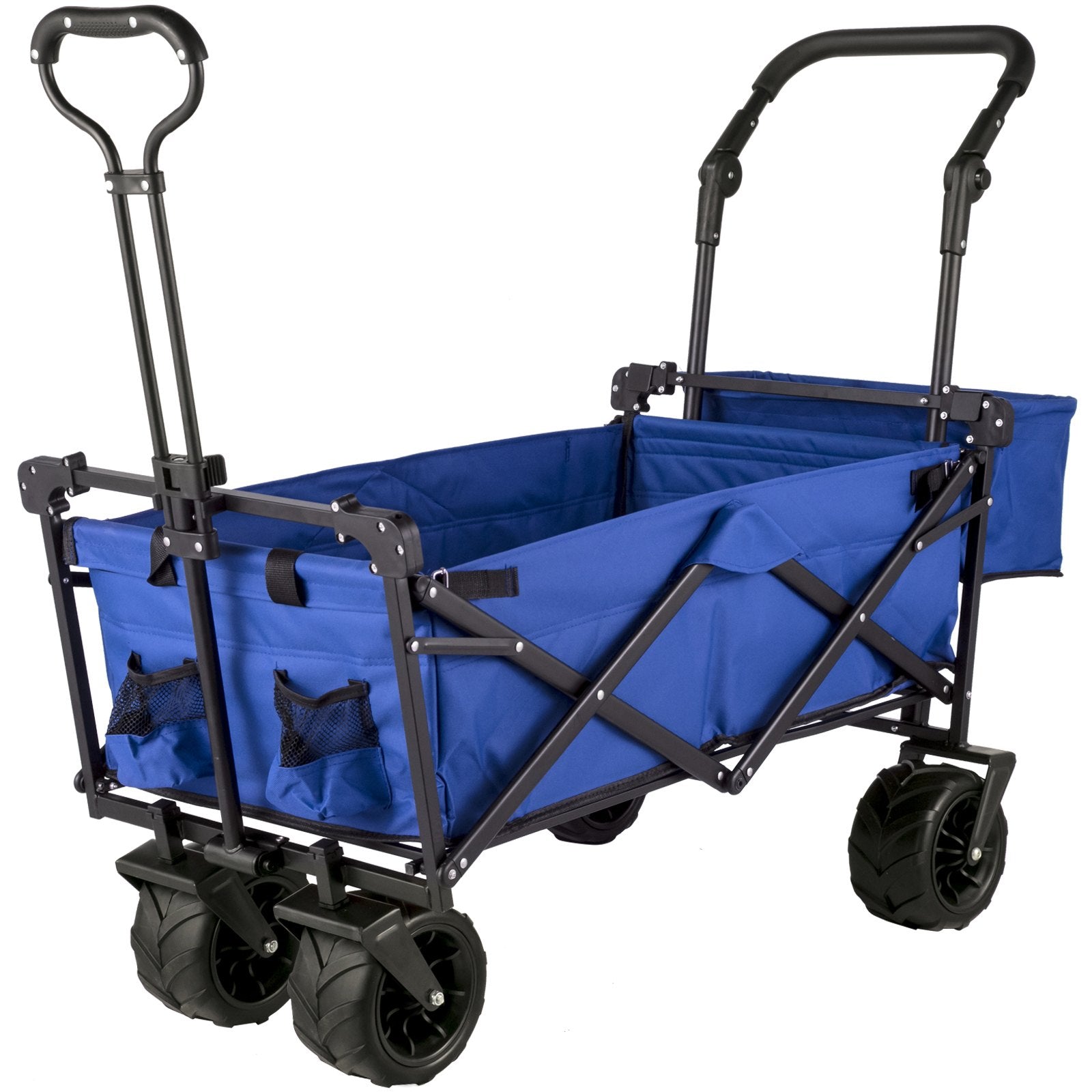 Extra Large Collapsible Garden Cart with Removable Canopy, Folding Wagon Utility Carts with Wheels and Rear Storage, Wagon Cart for Garden, Camping, Grocery Cart, Shopping Cart, Blue