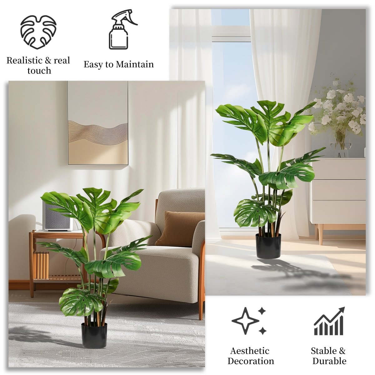 35in Fake Plants Monstera Deliciosa,2 Pieces Realistic Artificial Plants Indoor For Decorating Room,Outdoor,Office,Bathroom,Bedroom,Better Homes And Gardens Plant Decor,Beautiful Housewarming Gifts. - HomeDIYer