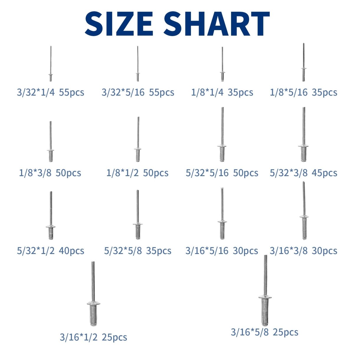 Silver Pop Rivets Assortment Set Aluminium Body Steel Mandrel Open End Dome Head - HomeDIYer