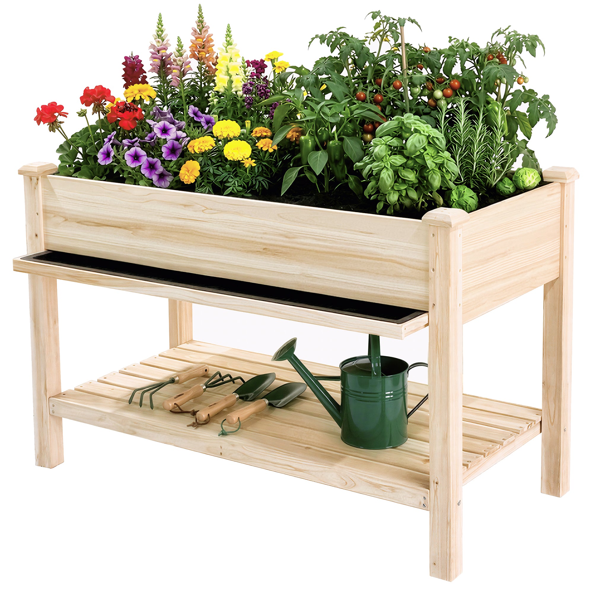 Raised Garden Bed 48x23x31.1" – Elevated Wood Planter with Water Collection Tray & Storage Shelf