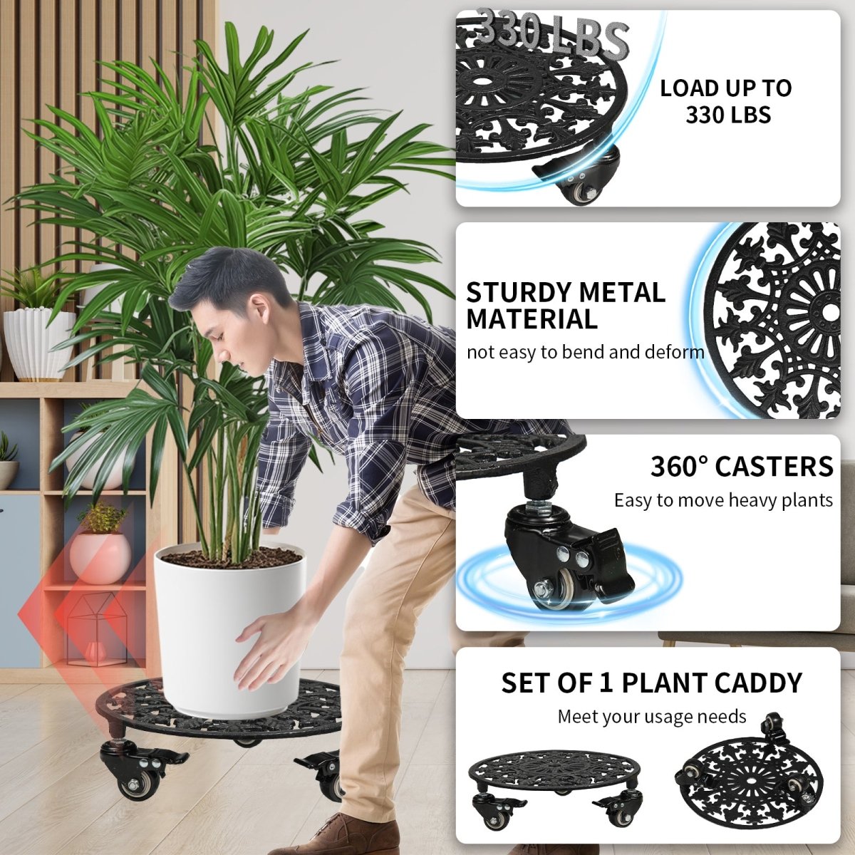 Rolling Plant Stand with Wheels,1pcs 11in Heavy Duty Metal Plant Caddy with Wheels,Load Capacity 330 lbs,Black - HomeDIYer