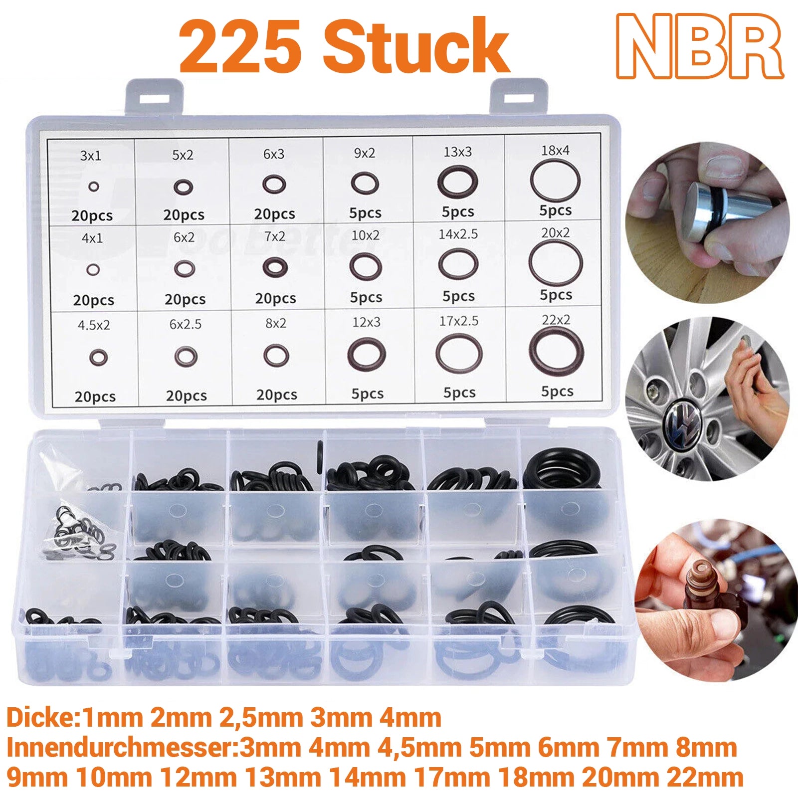 225Pcs O - Rings Ø3 - 22mm Nbr Rubber Sealing Rings Assortment Set O - Ring Sealing Rings - HomeDIYer