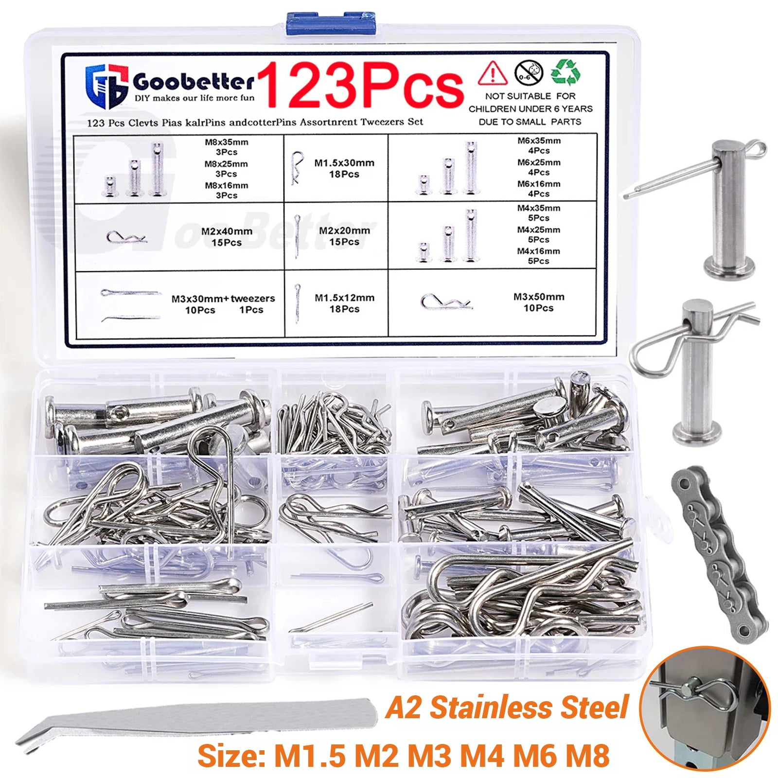 123Pcs Clevis Pins Metric M1.5-M8 Stainless Steel R-Clips Cotter Pin Assortment Set