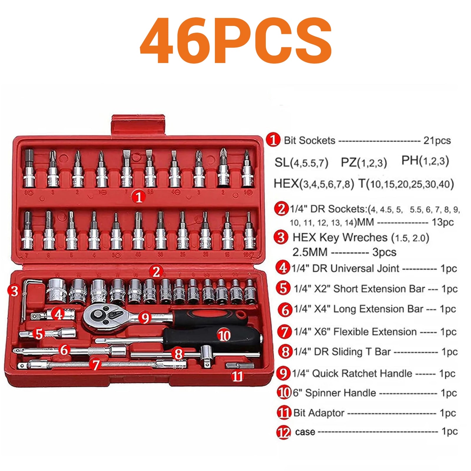 46PCS 1/4 Socket Ratchet Wrench Set Impact Socket Bit Kit Automotive Repair Tool - HomeDIYer