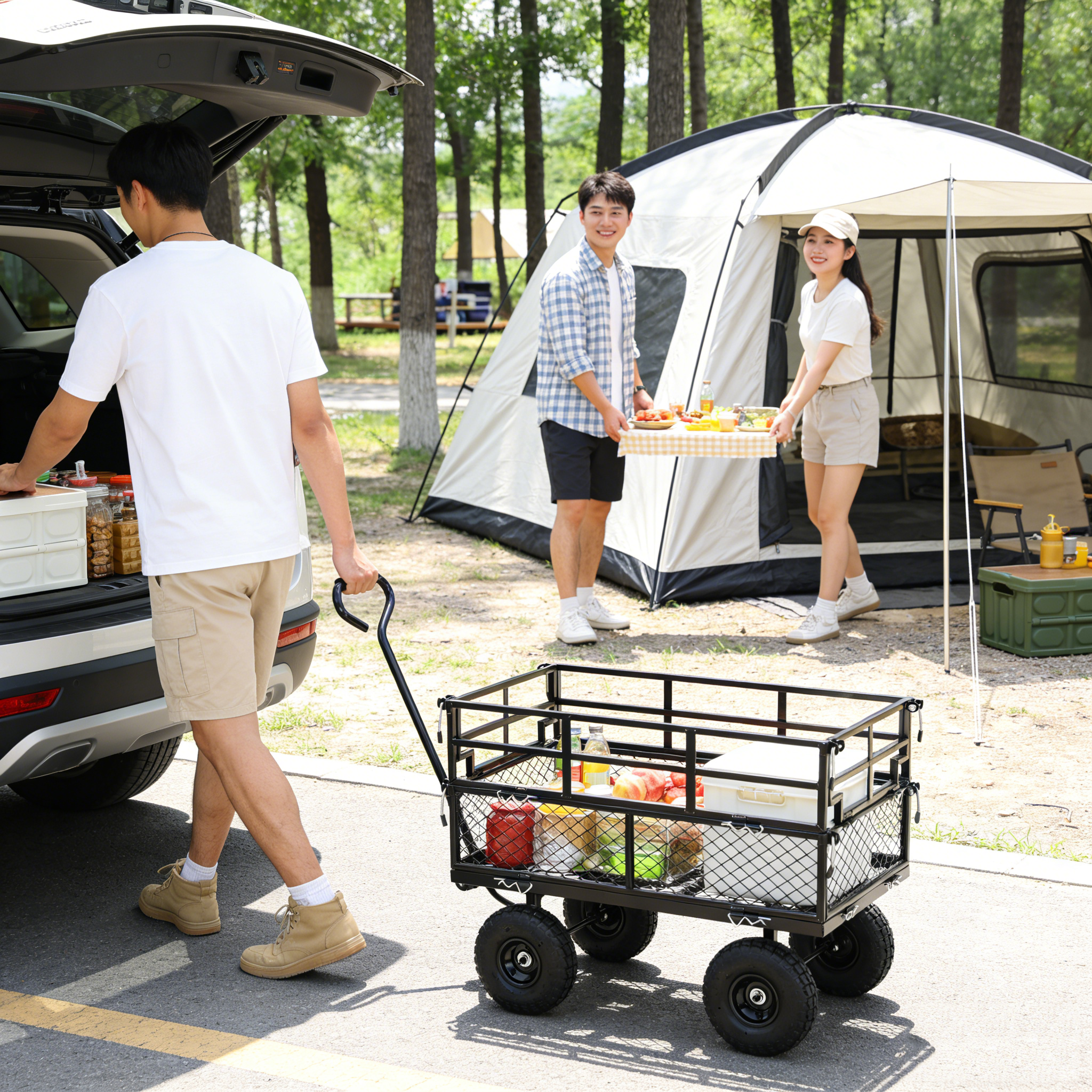 (Black double fence utility cart) Wagon Cart Garden cart trucks make it easier to transport firewood