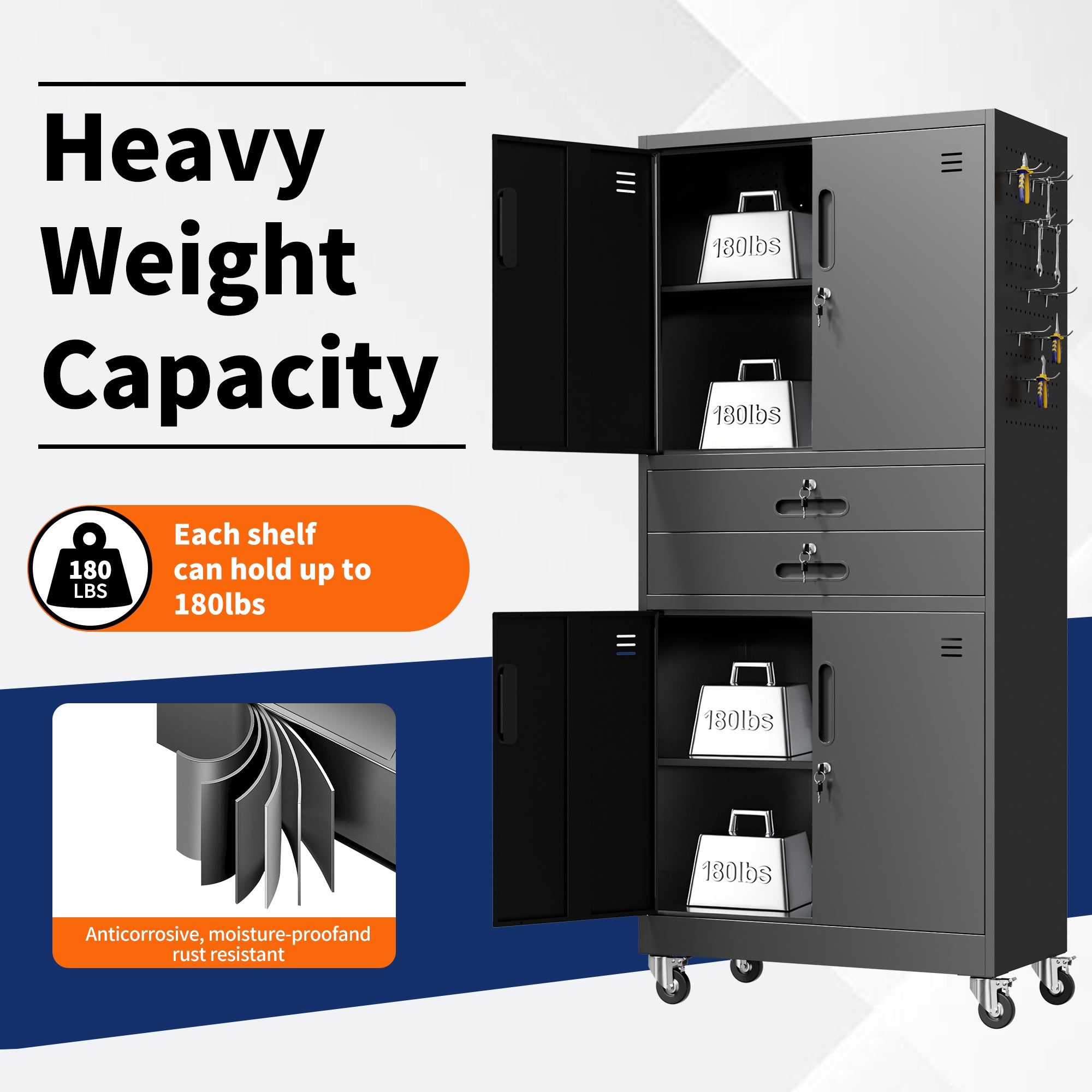 71" Metal Garage Storage Cabinet with Two Drawers, Pegboard Door, Locking Doors & Rolling Wheels, 720 lb Capacity