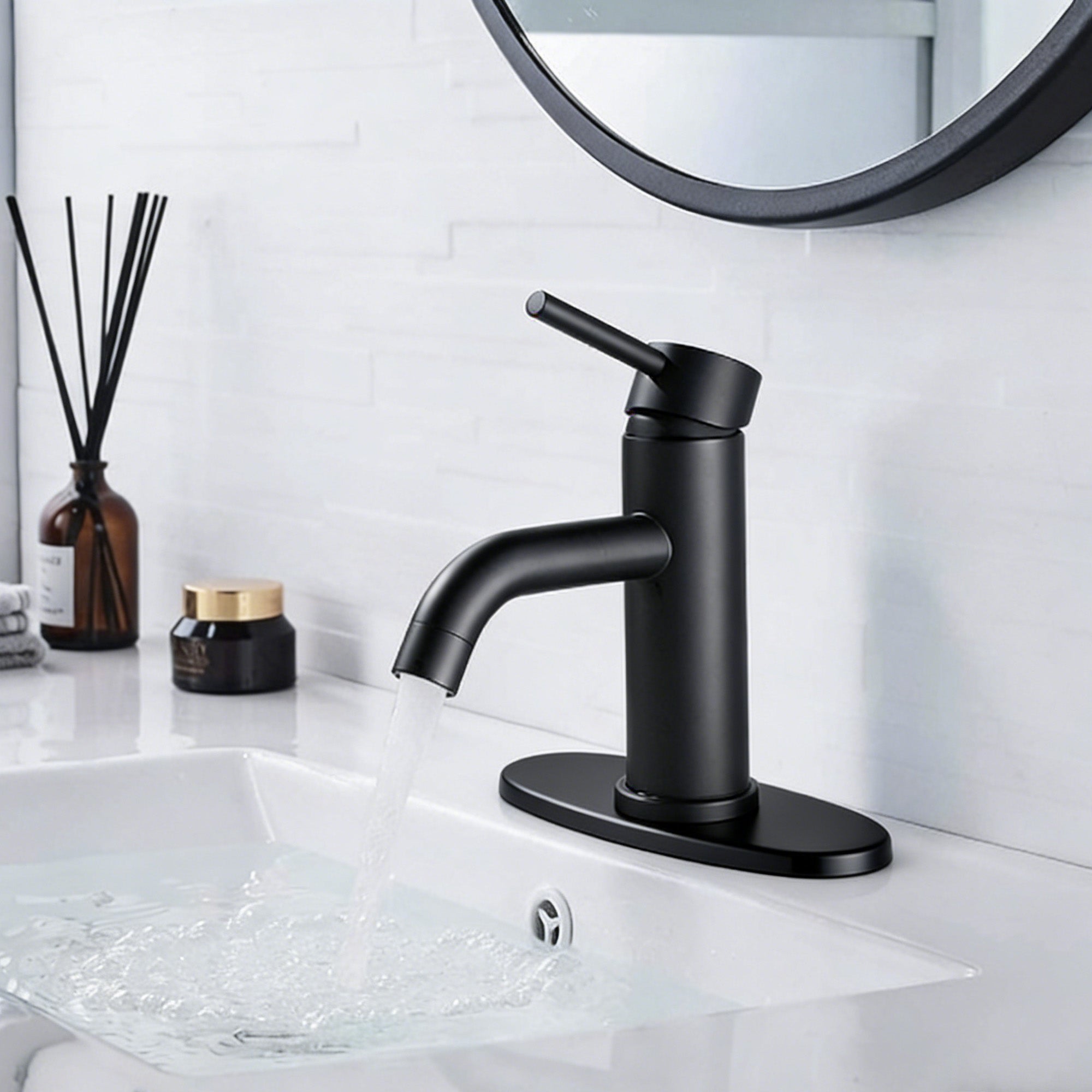 ADA Compliant Single Hole Bathroom Faucet - 6.57" High Stainless Steel Waterfall Faucet Matte Black