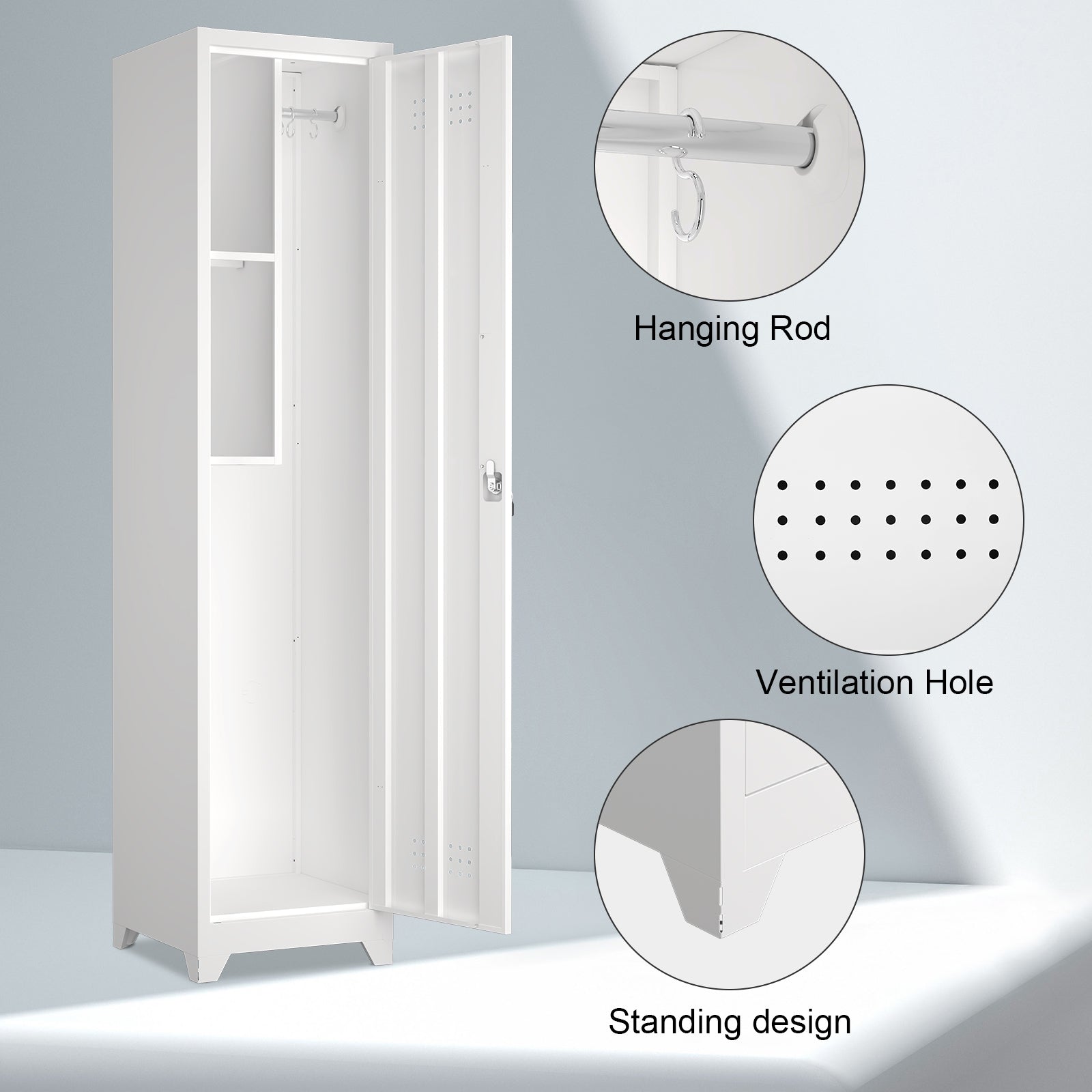 Metal Broom Storage Cabinet, 65" Narrow Broom Cabinet With Hooks, Slim Bathroom Storage Cabinet With Shelves, Heavy-Duty Cleaning Storage Cabinet For Utility Room, Gym, Office, Garage, Utility Shelves