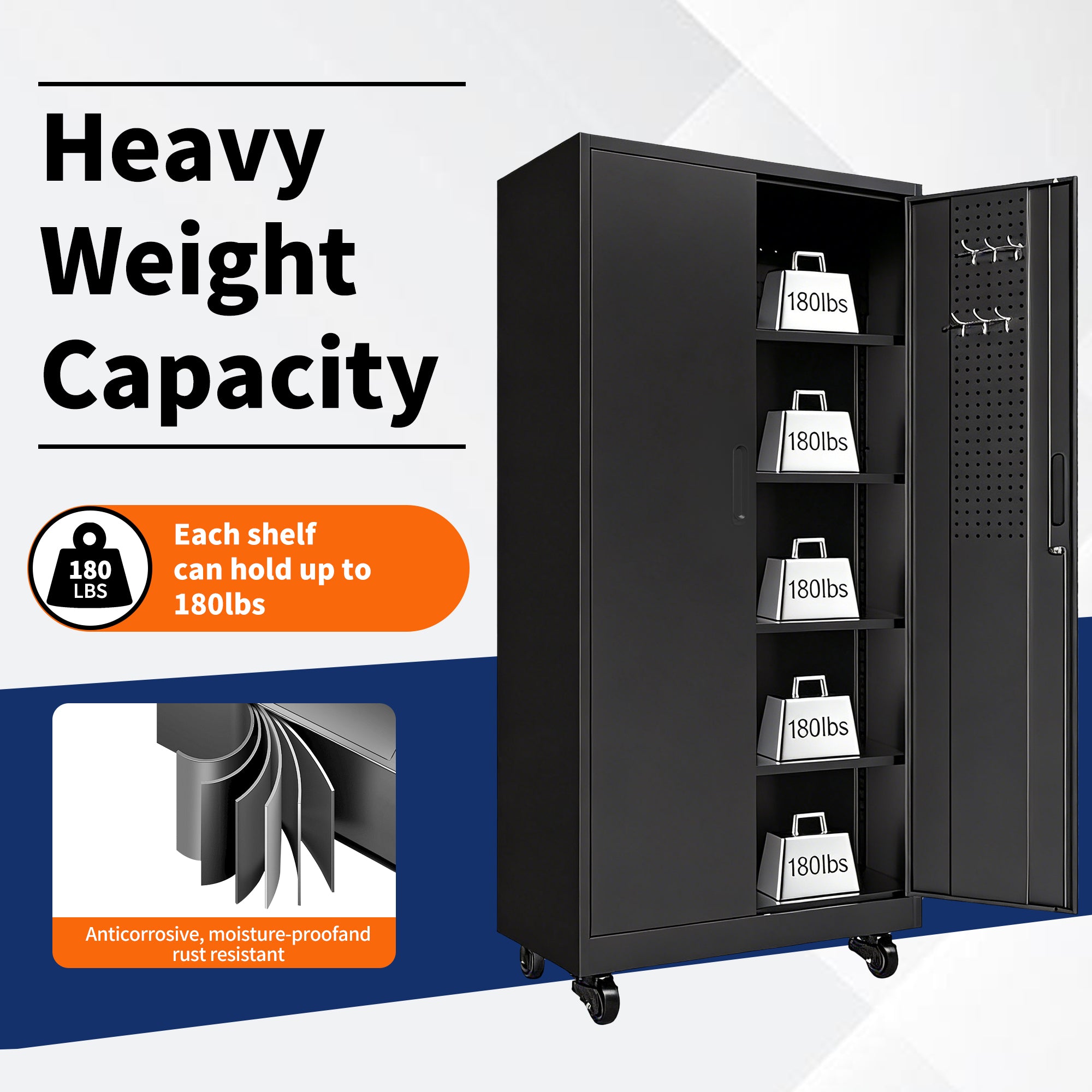 71" Lockable Metal Garage Storage Cabinet with Pegboard Doors & Wheels, 4 Adjustable Shelves, 900 lb Capacity