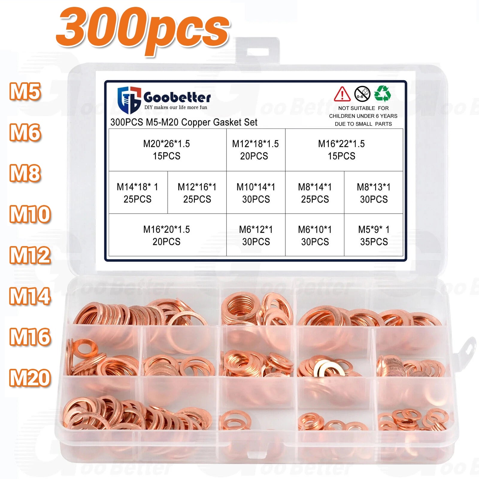 300Pcs Flat Ring Copper Sealing Washers Assortment Set M5 M6 M8 M10 M12 M14 M16 - HomeDIYer
