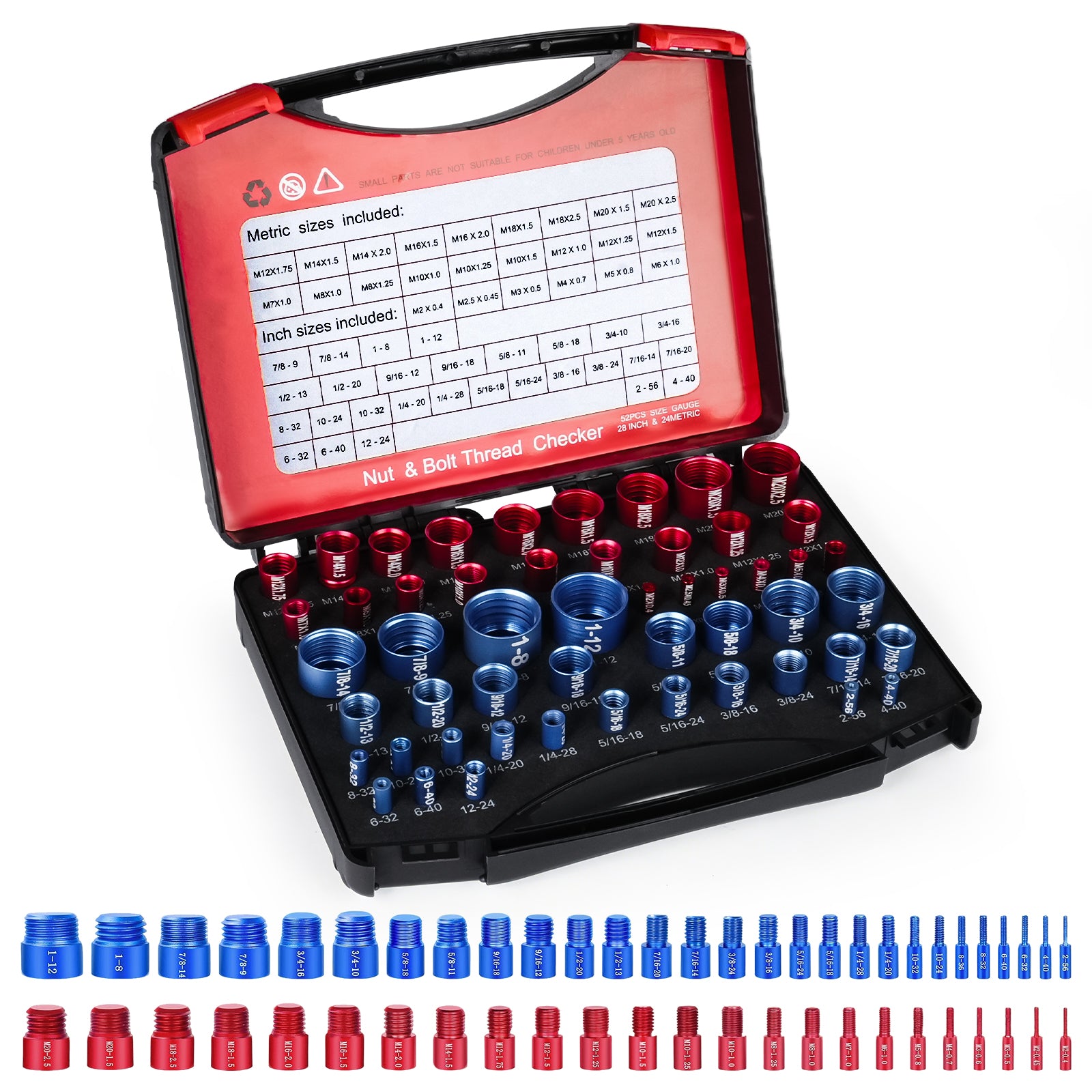 52-Piece Thread Checker Set — Standard & Metric Nut and Bolt Size Finder