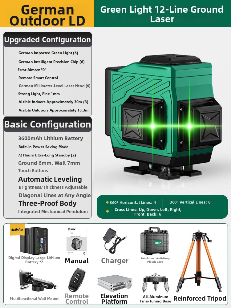 Professional Laser Level Kit – 12/16 Line Green & Blue Beam Self-Leveling with Dual Battery & Tripod