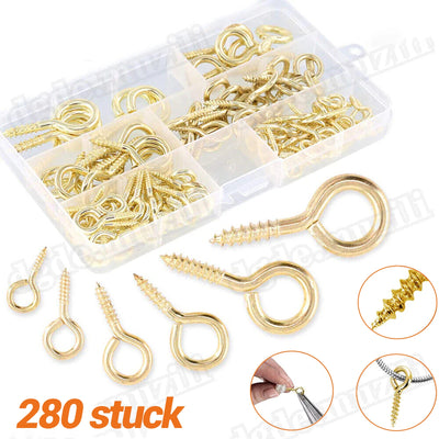 280pcs Eyebolts Screw Hooks Eye Hooks Wood Thread Copper Plating