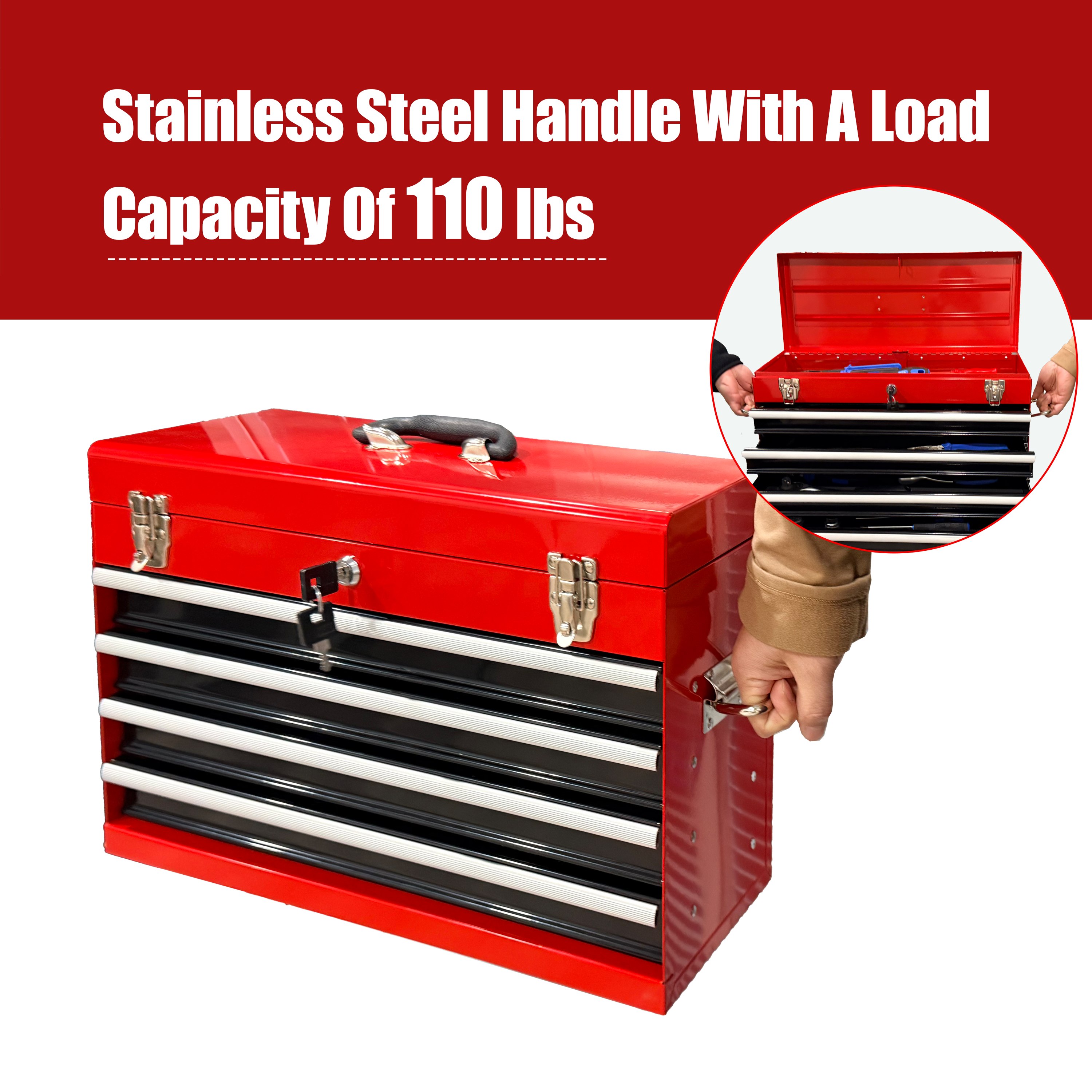 Heavy Duty Metal Tool Box – 21" Portable 4-Drawer Tool Chest with EVA Liners, Ball Bearing Slides & Locking System, Red and Black