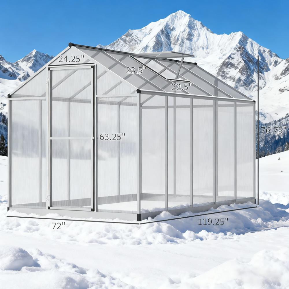 10ft x 6ft Heavy‑Duty Aluminum Walk‑In Greenhouse — Polycarbonate Panels Roof Vent & Rain Gutters Silver