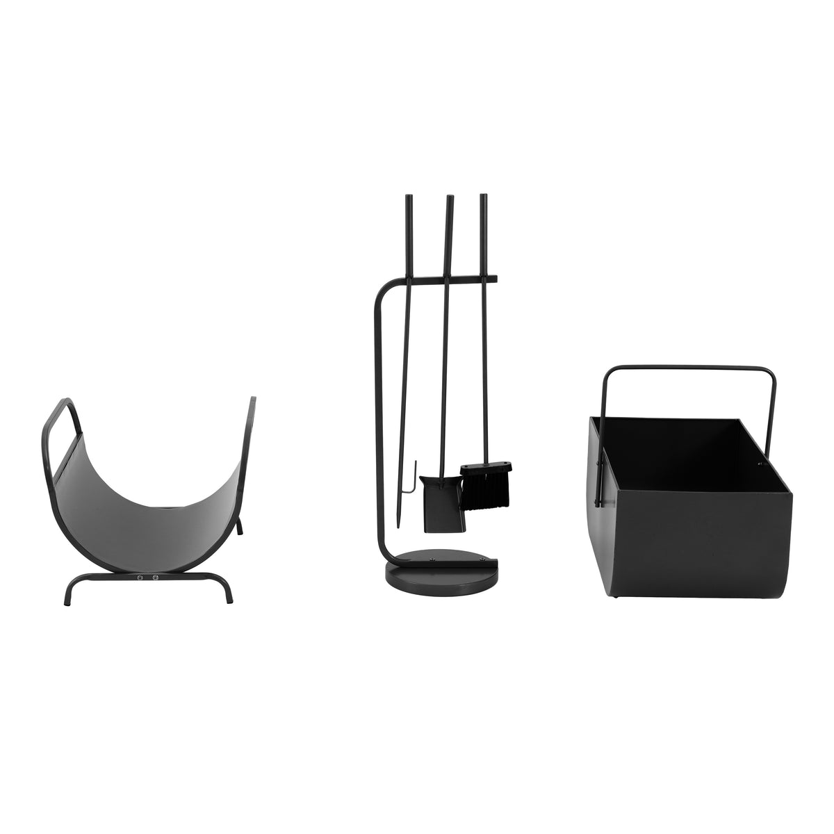 Modern 3-Piece Fireplace Accessory Set Log Rack Firewood Bucket & Tools Black | HomeDIYer