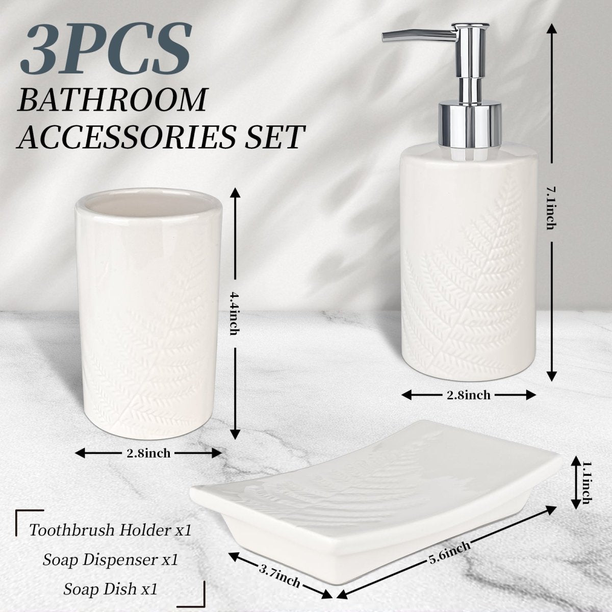 Bathroom Accessory Set, 3 Pcs Ceramic Sets with Toothbrush Holder, Soap Dispenser, Soap Dish, Modern Bathroom Sink Set Vanity Countertop Decor, White Tumbler Cup with Leaf - Look - HomeDIYer