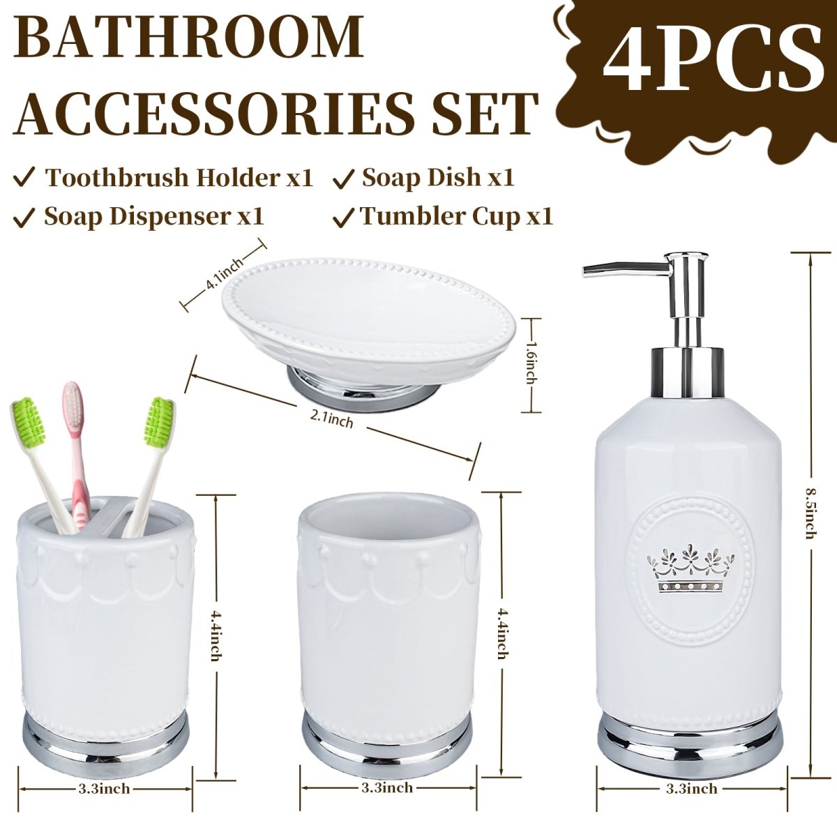 Bathroom Accessory Set, 4 Pcs Ceramic Sets with Crown Motif, Toothbrush Holder, Soap Dispenser, Soap Dish, Tumbler Cup（ White and Silver） - HomeDIYer