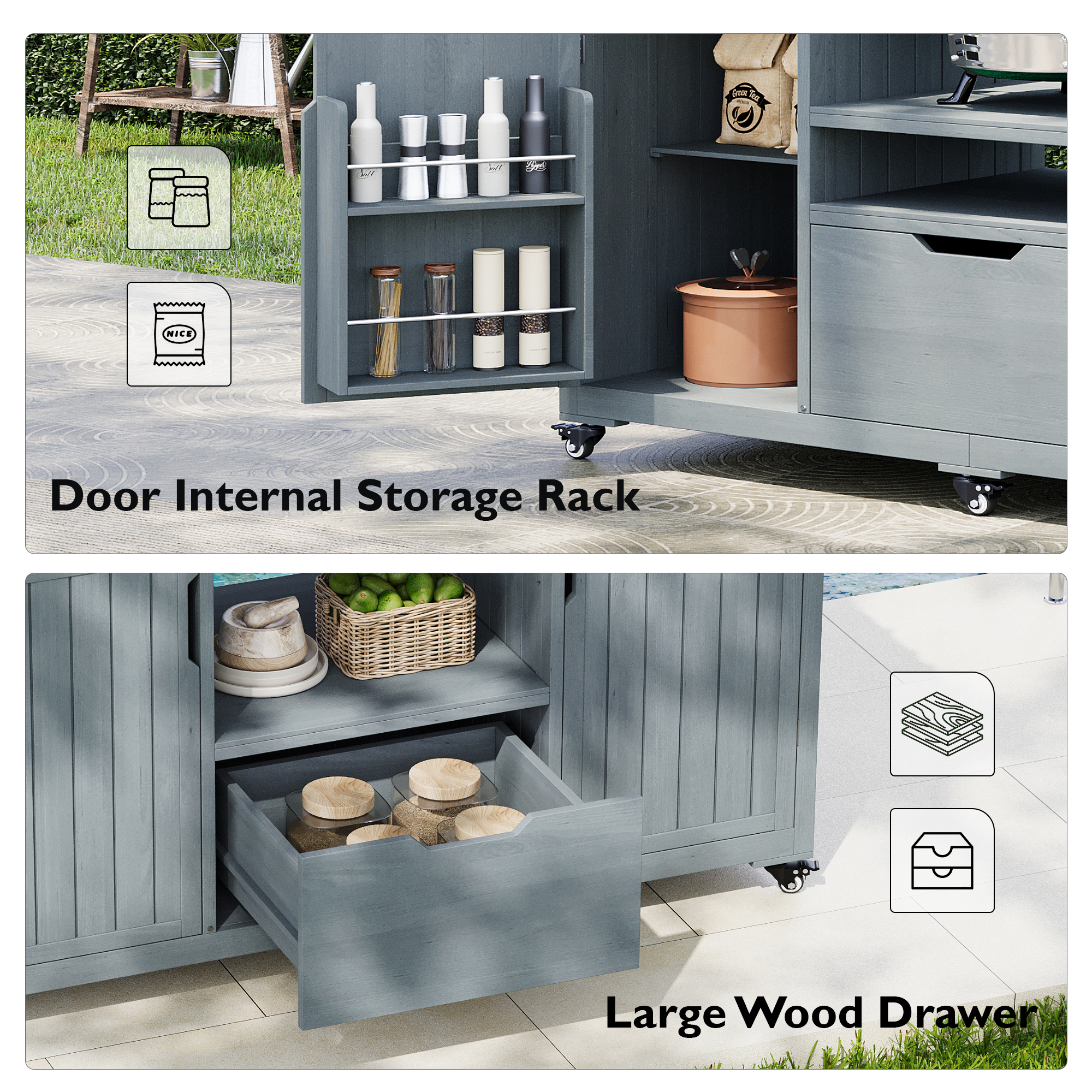 K&K 66.5" Outdoor Kitchen Island for Big Green Egg Grills, Solid Wood Outdoor Grill Cart for Tabletop Grill with Stainless Steel Top, Drawer, Compatible with Large Big Green Egg, Kamado Joe- Grey Blue
