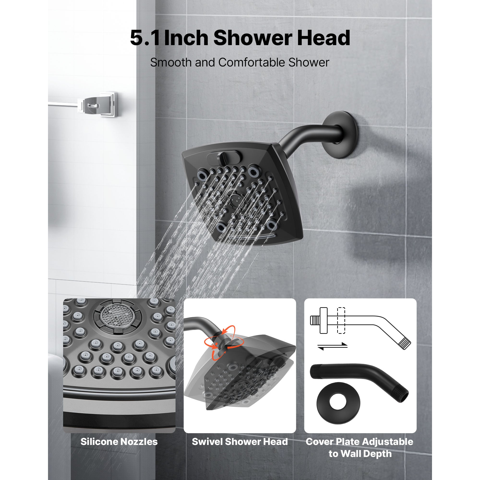 Complete Tub & Shower Faucet Set – 5.1" Rainfall Shower Head, 5 Spray Modes, Pressure Balancing Valve, Matte Black