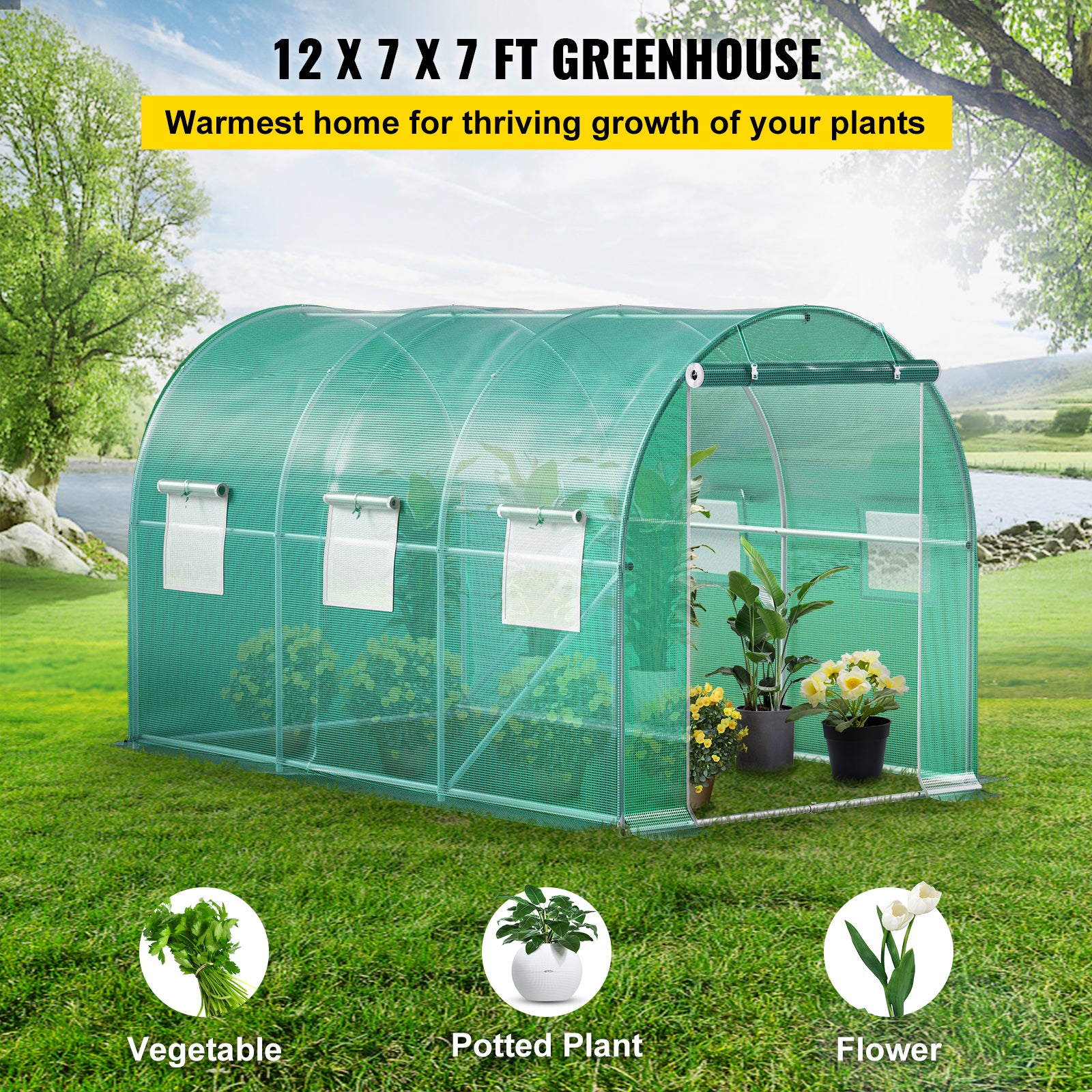 12ft x 7ft x 7ft Walk‑In Tunnel Greenhouse — Galvanized Steel Frame Roll‑Up Windows & Zippered Door Green
