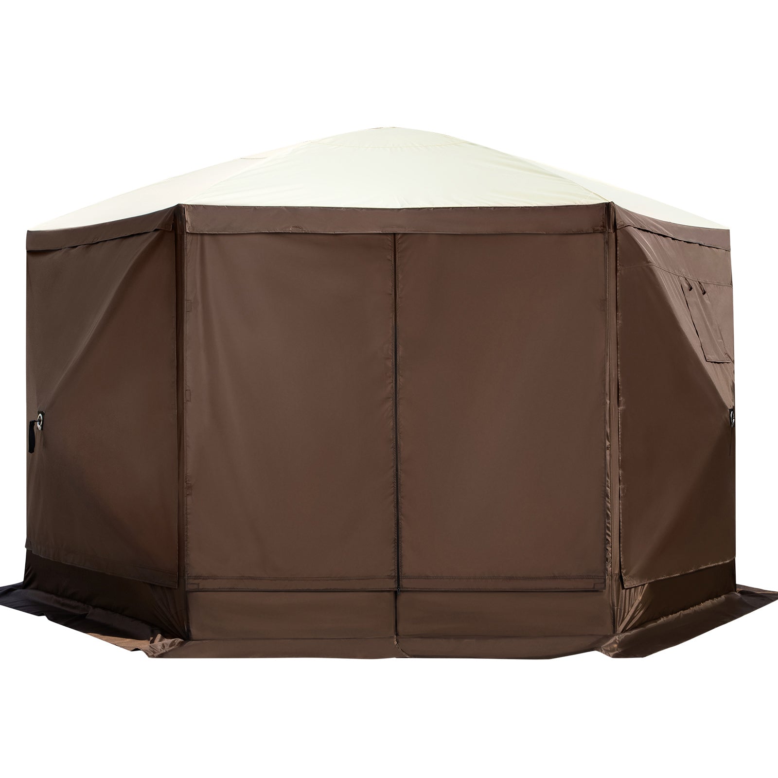 Pop Up Screen Tent Gazebo 12x12 ft, 6-Sided IPX3 Oxford Fabric Canopy with Mesh Windows, Stakes & Carry Bag, Brown/Beige