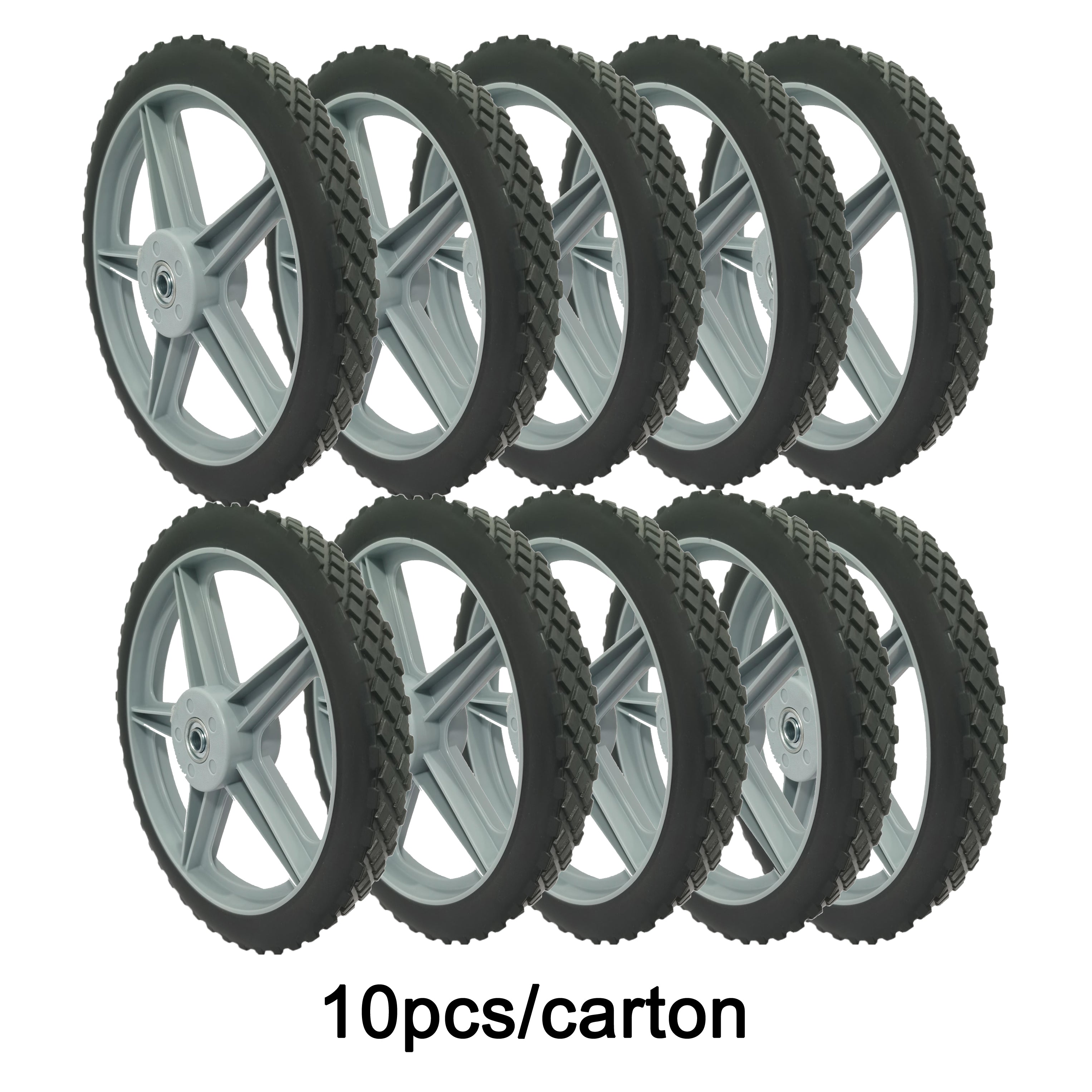 10-Pack 12" Spoked Plastic Wheel and Tire – Puncture-Proof, 250 lb Capacity, 0.5" Axle, for Lawn Mowers & DIY Carts